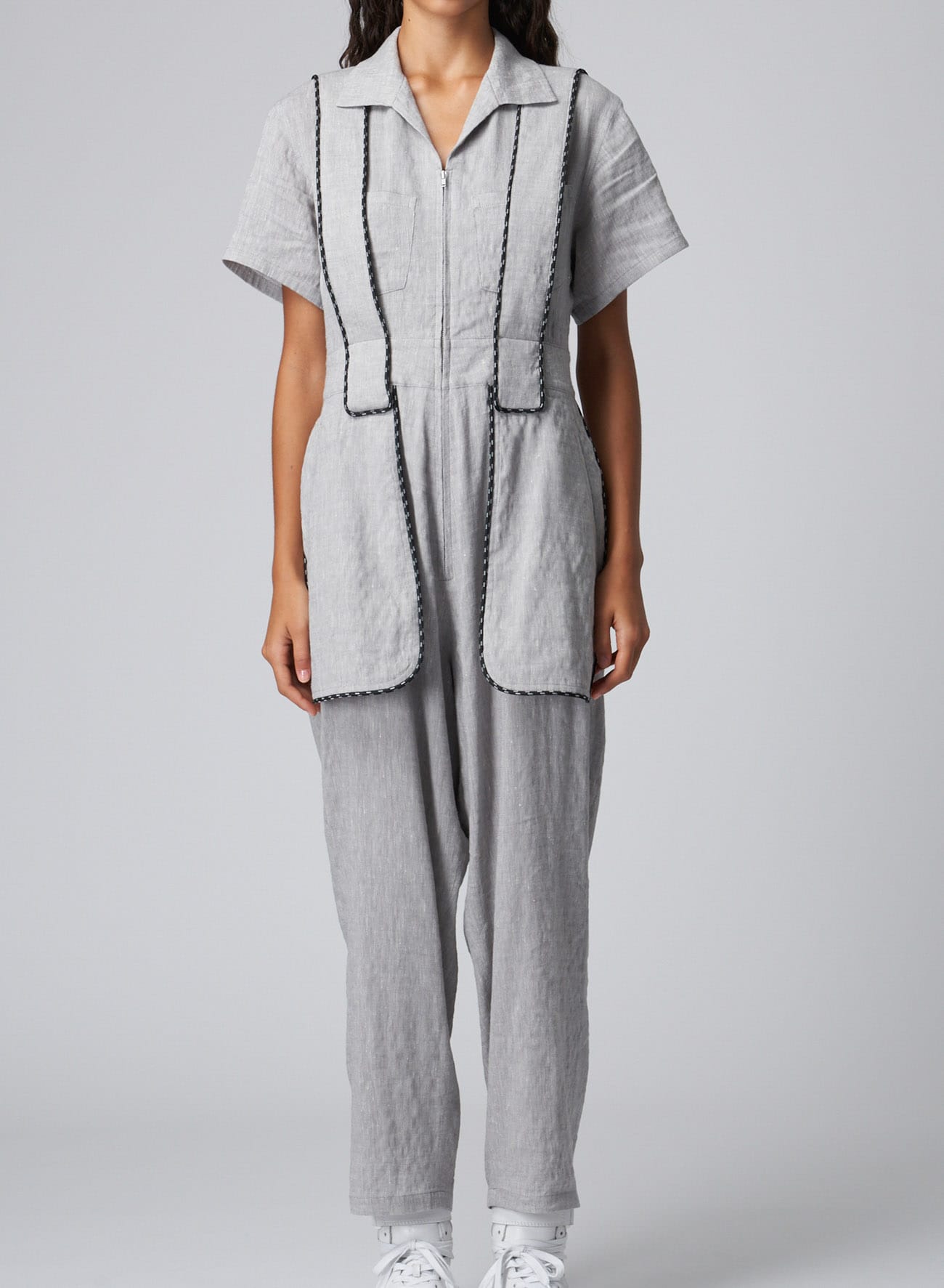BREATHABLE LINEN/RAYON JUMPSUIT WITH MULTIPLE POCKETS(S Gray 