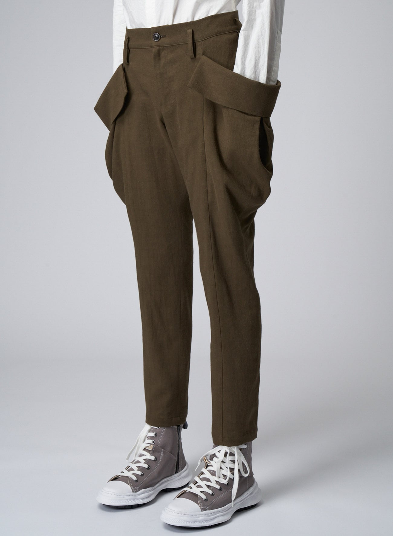 RAYON/LINEN POPLIN PANTS WITH LARGE DRAPEY POCKETS(S Khaki): Vintage  1.1｜THE SHOP YOHJI YAMAMOTO
