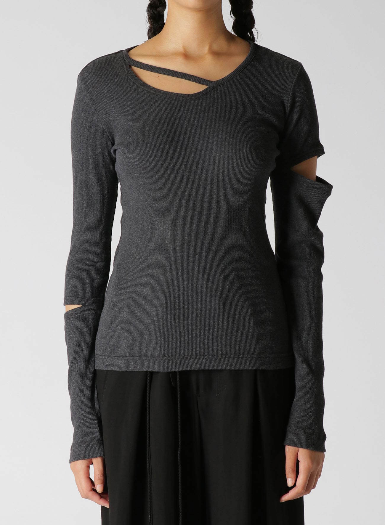 RIB STITCH LONG SLEEVE T-SHIRT WITH ARM SLITS(S Charcoal): Vintage 