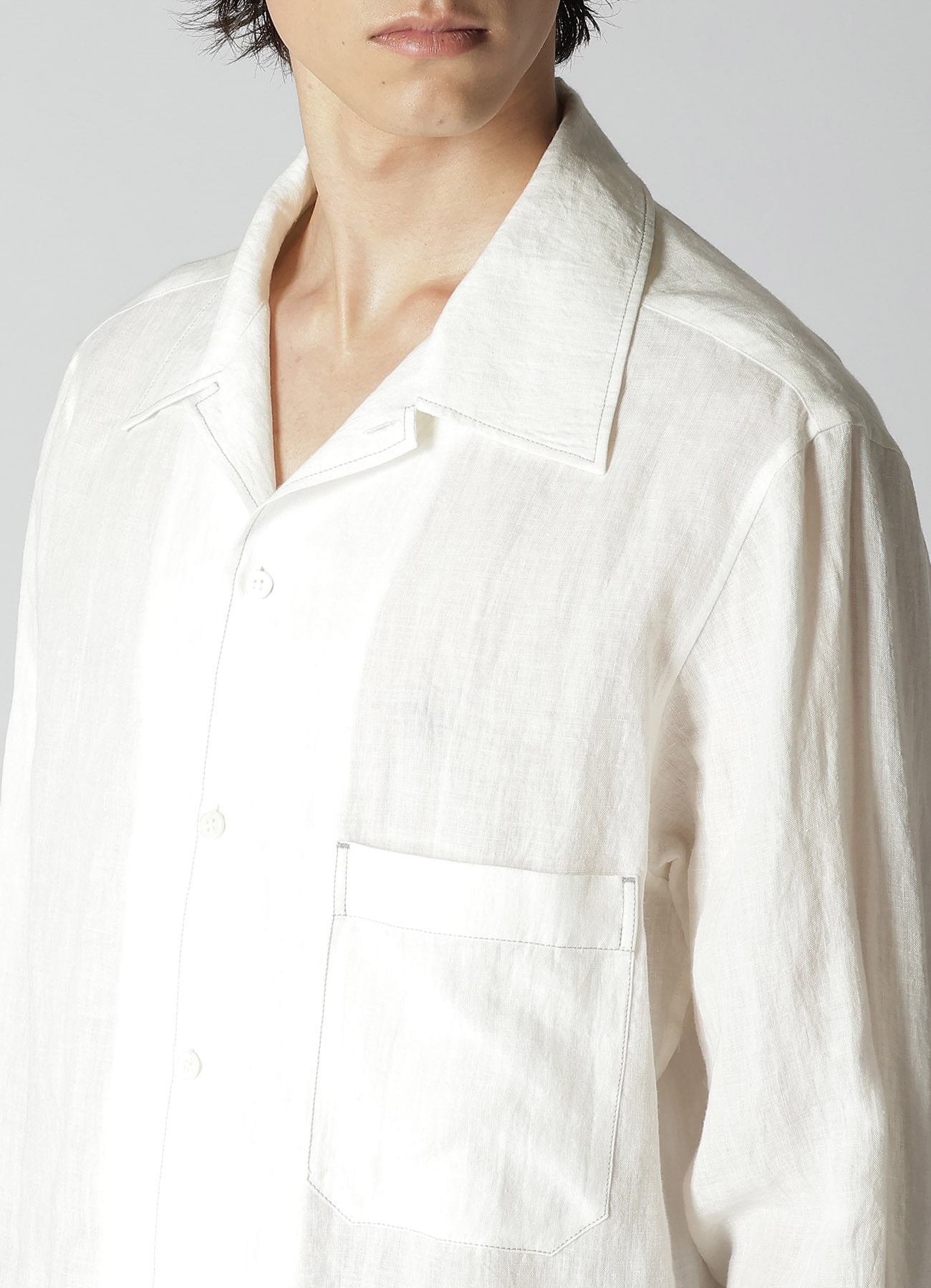 WHITE 60 LINEN LAWN SHIRT WITH OPEN COLLAR AND COLOR COMBI STITCH