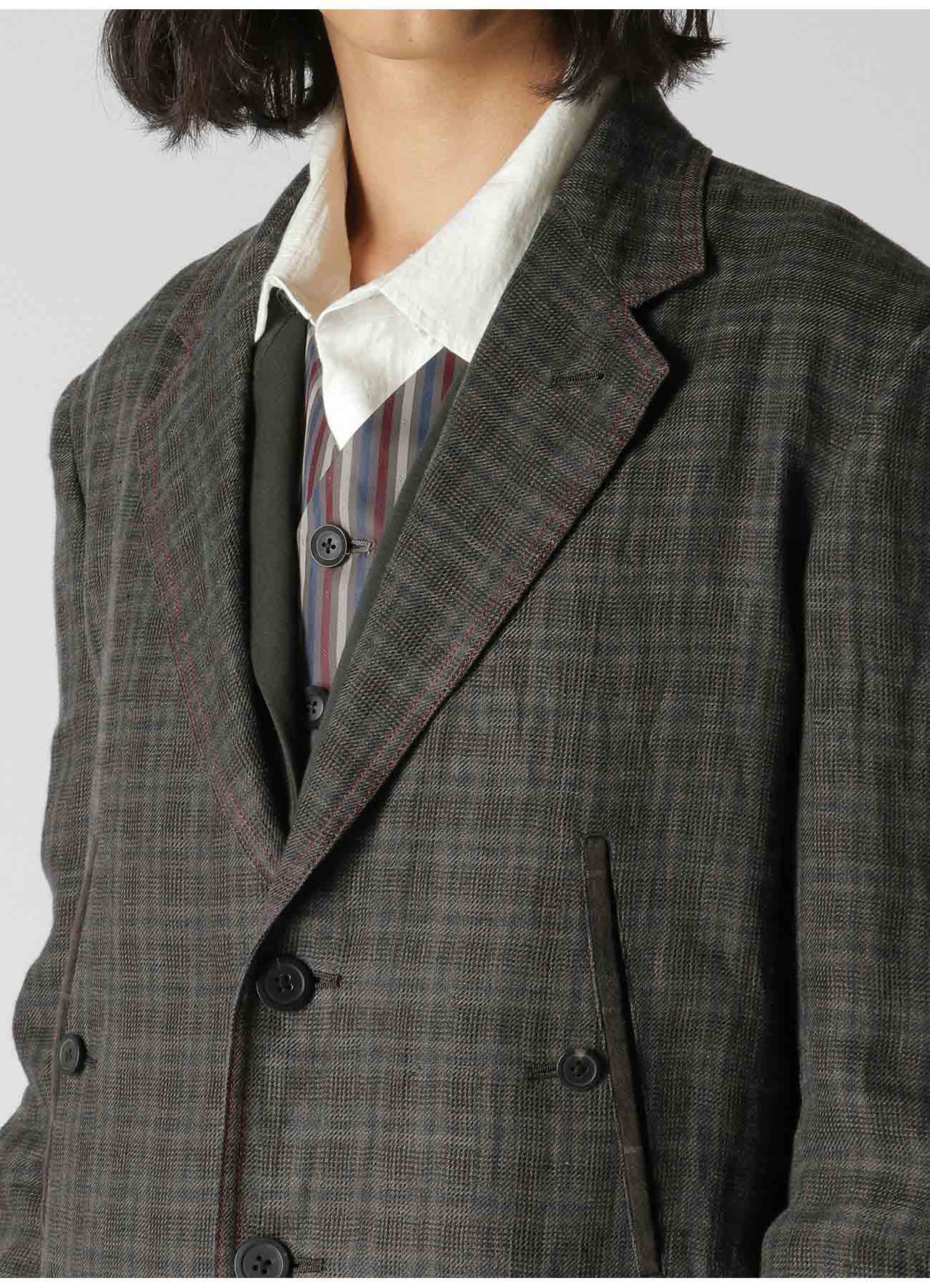 LINEN TWILL PLAID 4-POCKET JACKET WITH RED STITCHING