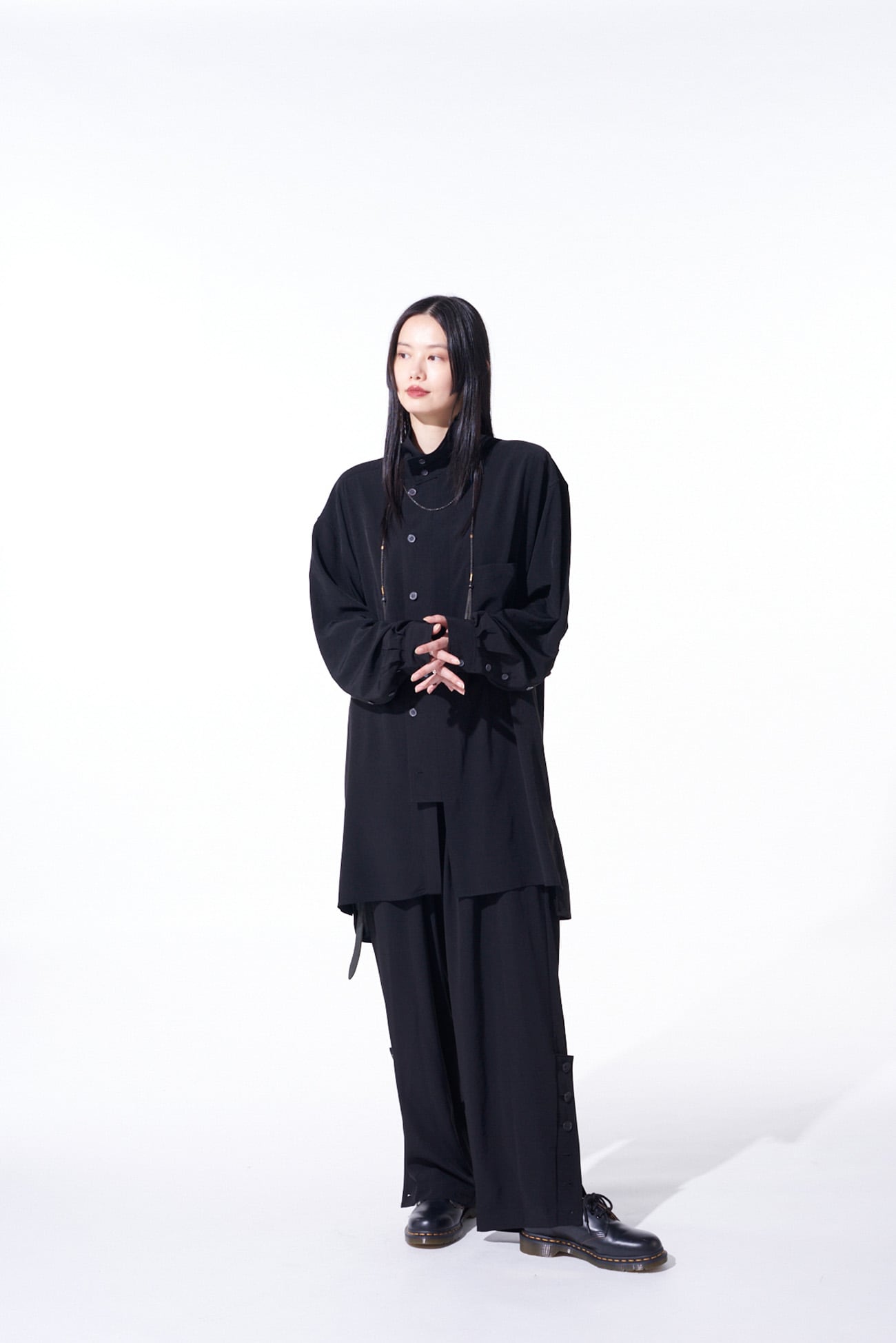 CREPE de CHINE MULTI-BUTTONED SLEEVES STAND COLLAR SHIRT