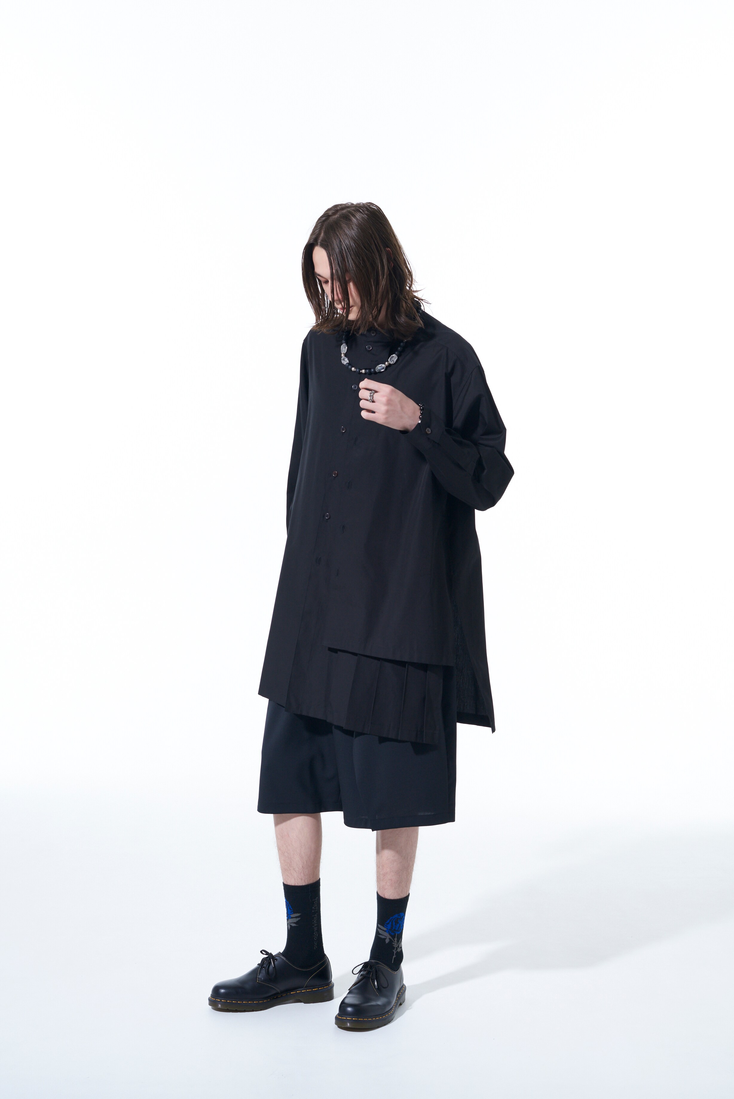 COTTON BROAD CLOTH PLEATED LONG SHIRT WITH OVERLAPPING LEFT BODY