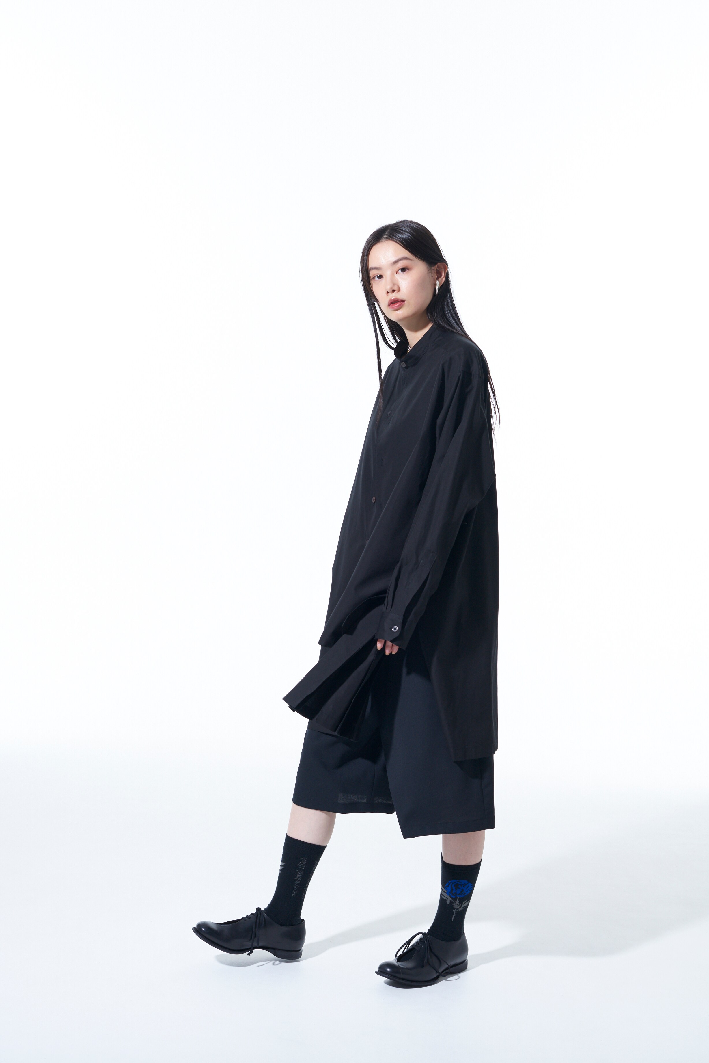 COTTON BROAD CLOTH PLEATED LONG SHIRT WITH OVERLAPPING LEFT BODY