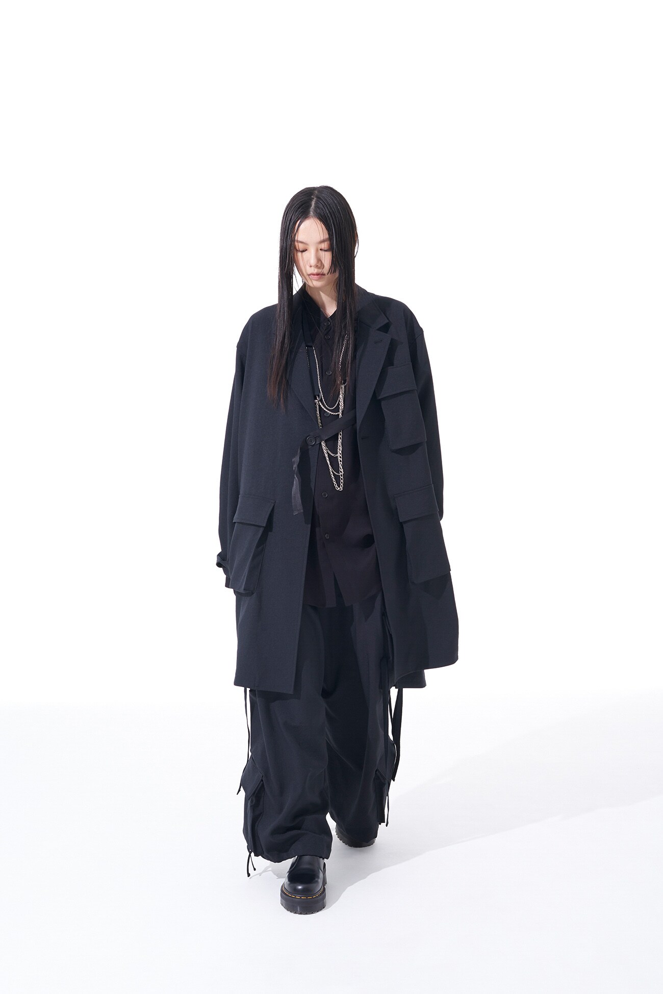 SHIWANOARU POLYESTER STRETCH TWILL LONG JACKET WITH MULTIPLE POCKETS