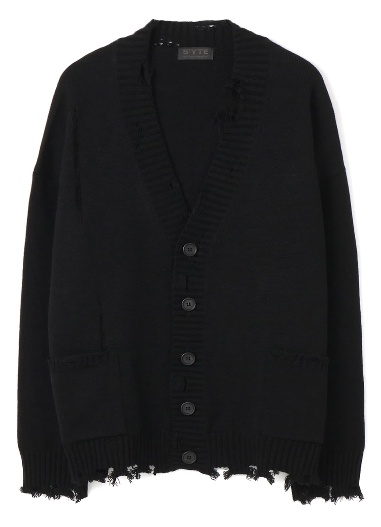 7G BULKY WOOL DAMAGE V-NECK CARDIGAN(M Black): S'YTE｜THE SHOP