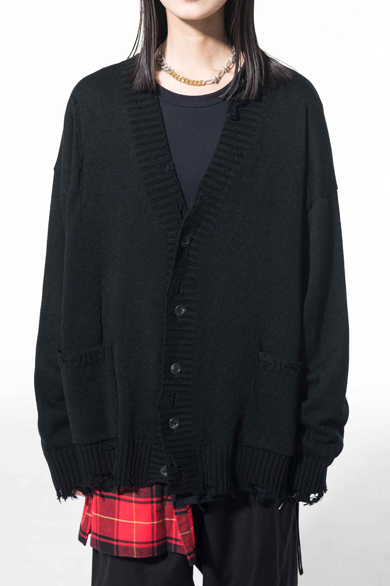 7G BULKY WOOL DAMAGE V-NECK CARDIGAN(M Black): S'YTE｜THE SHOP