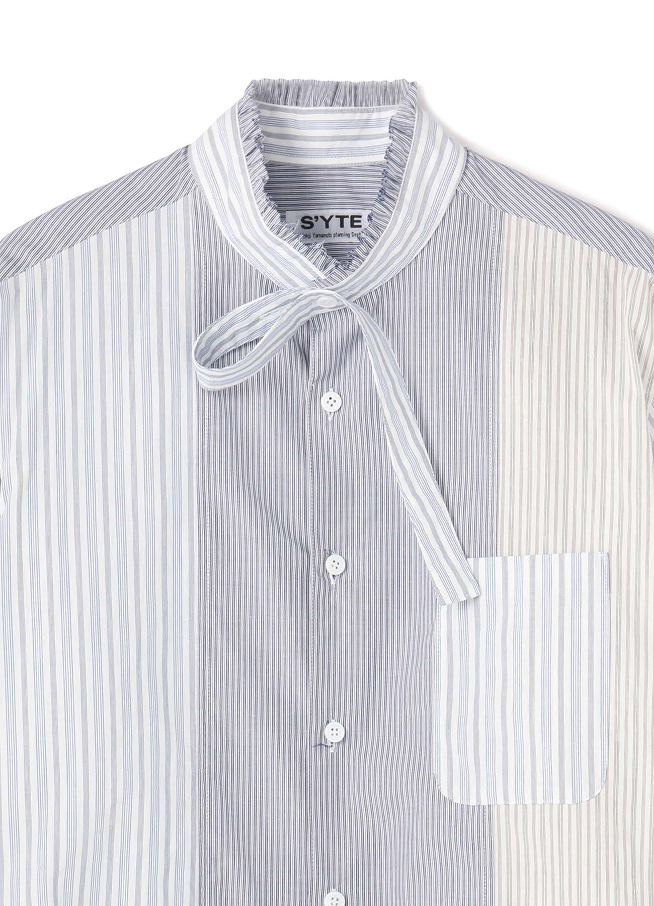 Crazy Stripe Switching Frill Stand Collar Shirt