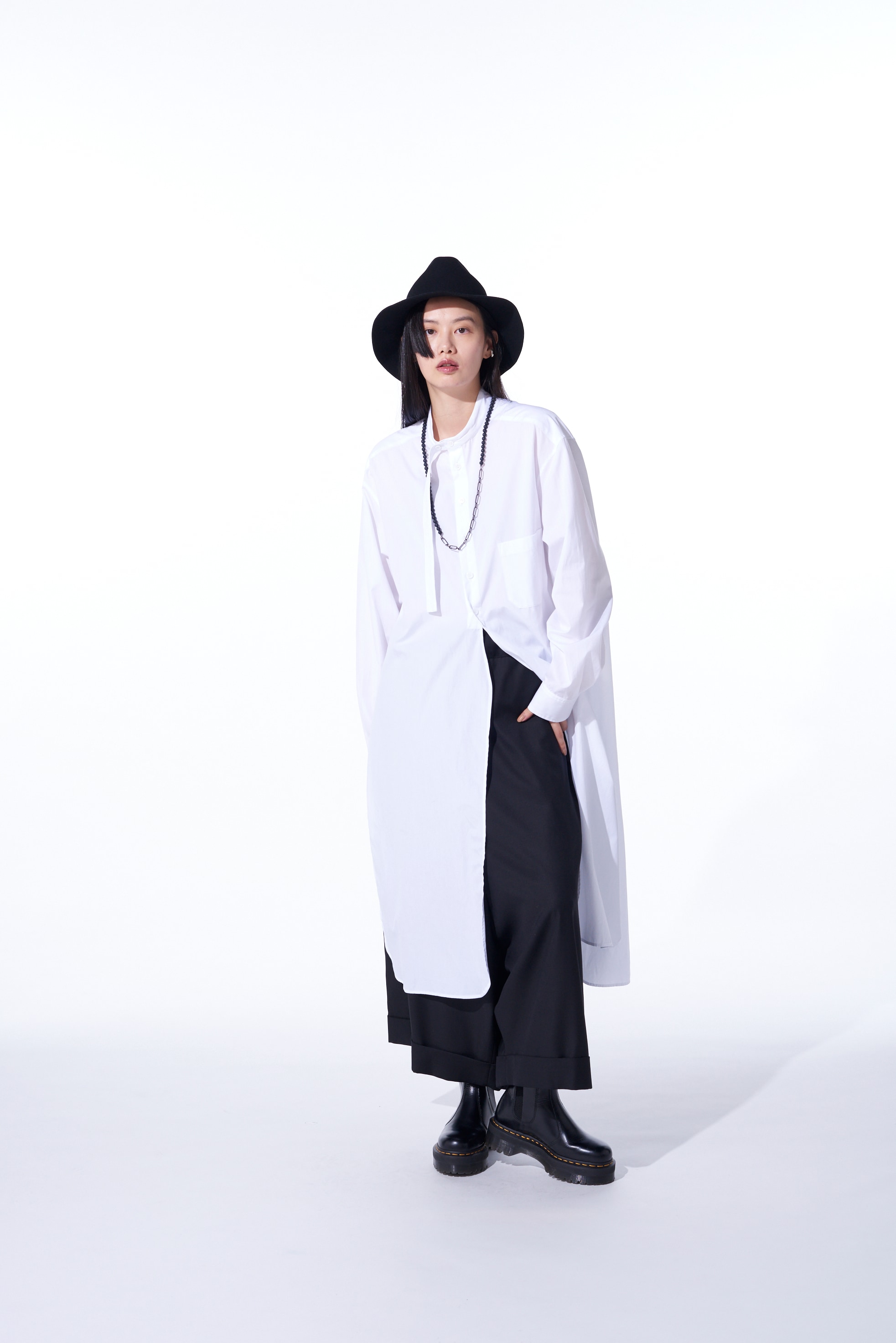 COTTON BROAD CLOTH STAND COLLAR LONG SHIRT WITH ROUNDED HEM