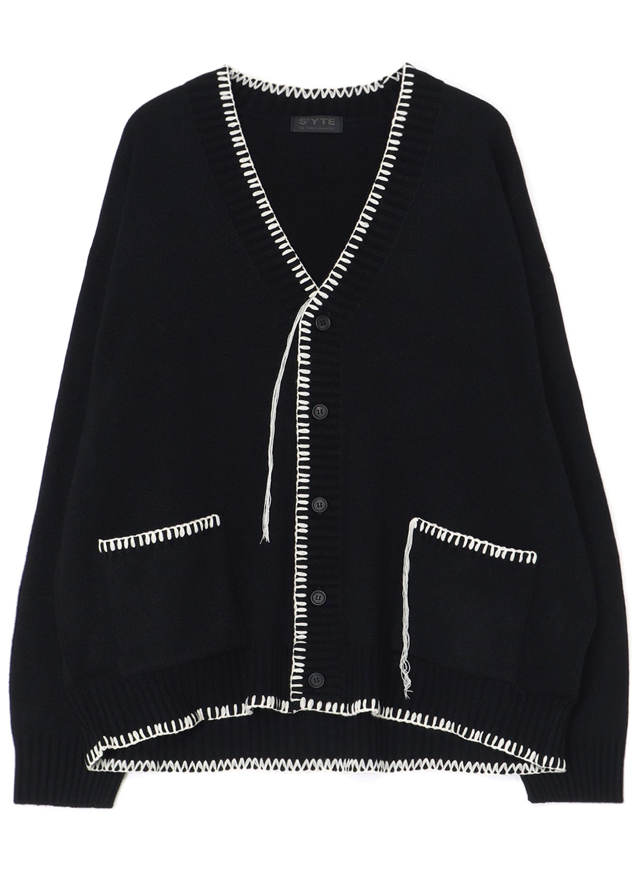 KNITTED WOOL CARDIGAN WITH BLANKET STITCH DETAILS(M Black x White