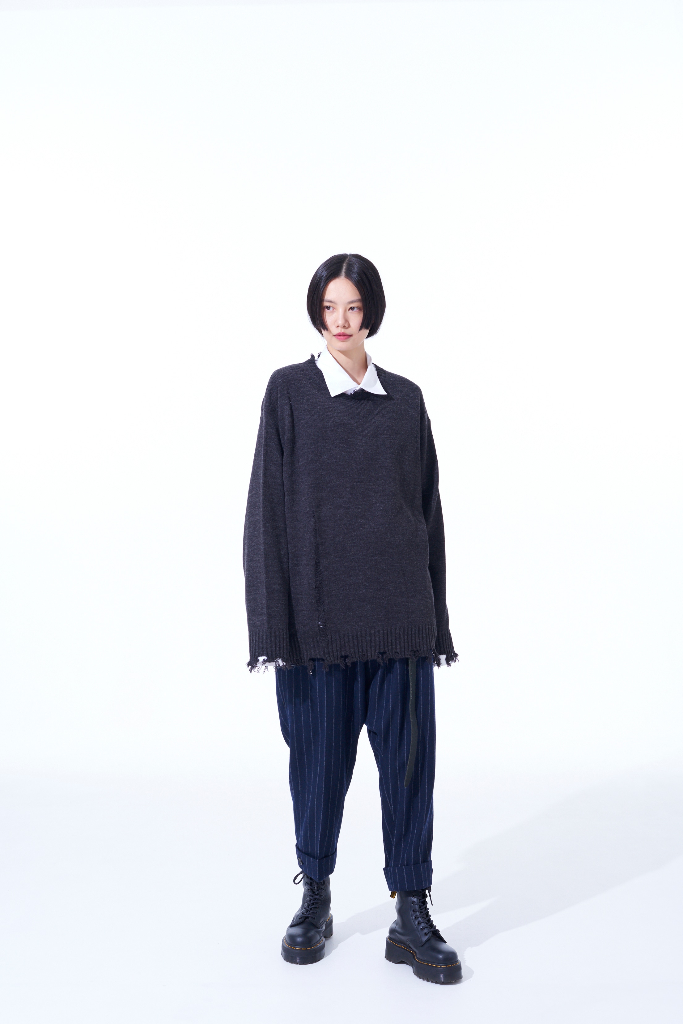 7G BULKY WOOL DAMAGE ROUND NECK PULLOVER