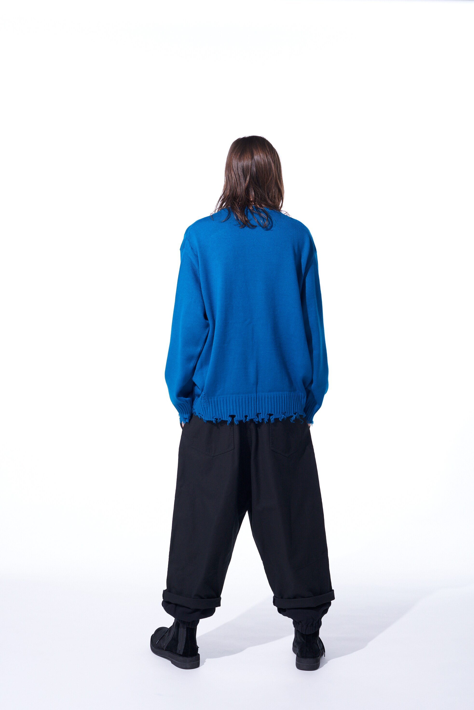 7G BULKY WOOL DAMAGE ROUND NECK PULLOVER(M Marine blue): S'YTE