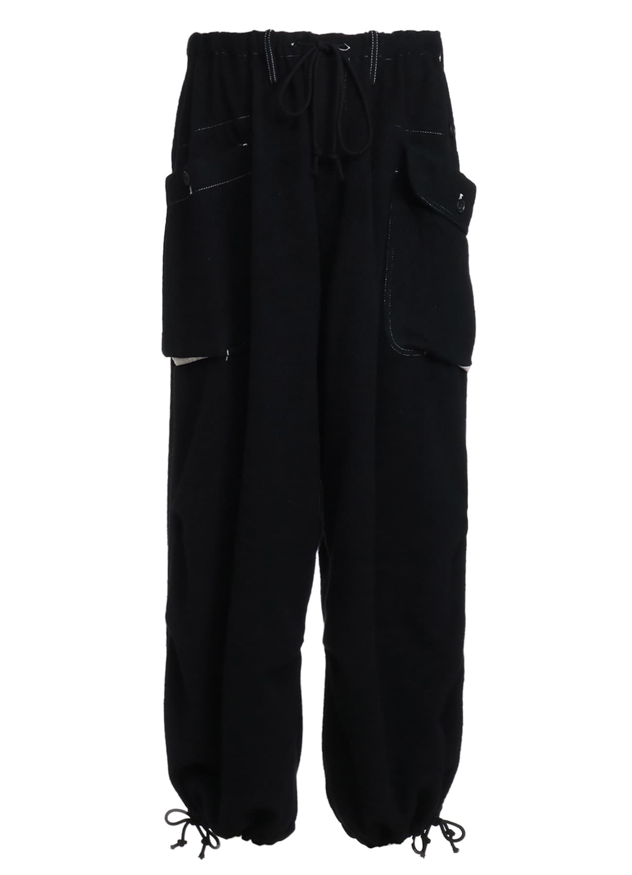 ECO WOOL BEAVER WHITE STITCH CARGO PANTS WITH ASYMMETRICAL POCKETS