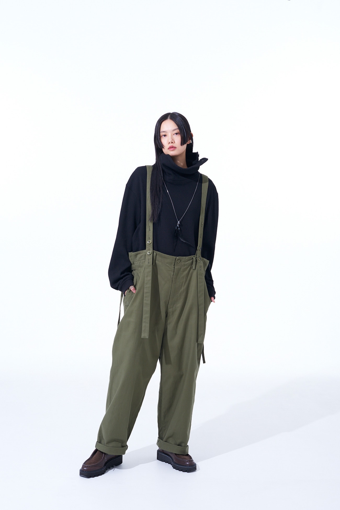 FRENCH WORKER SURGE SUSPENDER PANTS WITH HEM BUTTON DETAIL(M Olive 