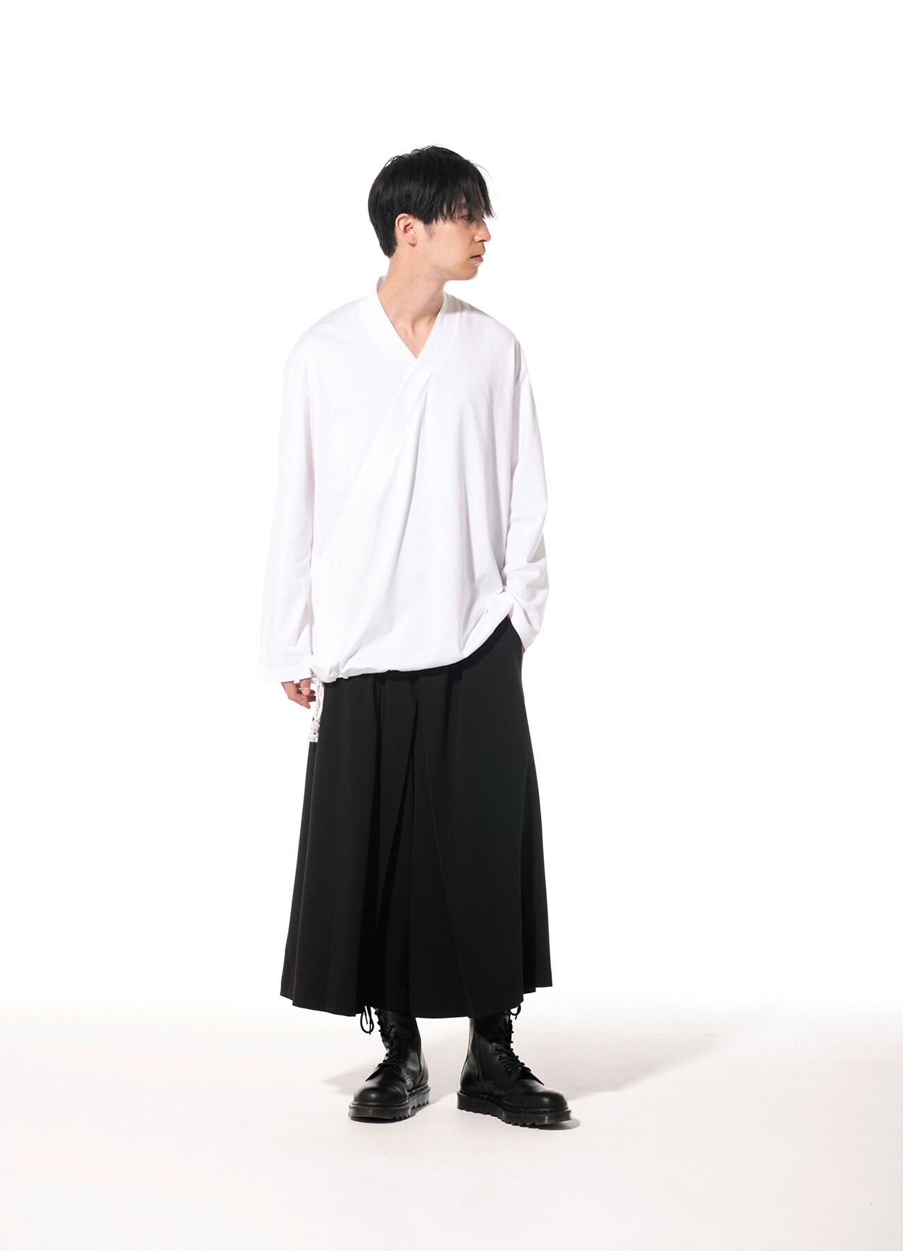 COTTON JERSEY KIMONO LAYERED DRAWSTRING PULLOVER(M White): S'YTE