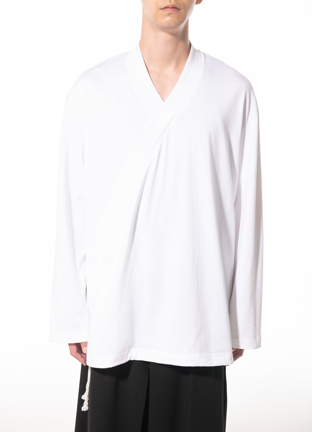 COTTON JERSEY KIMONO LAYERED DRAWSTRING PULLOVER(M White): S'YTE