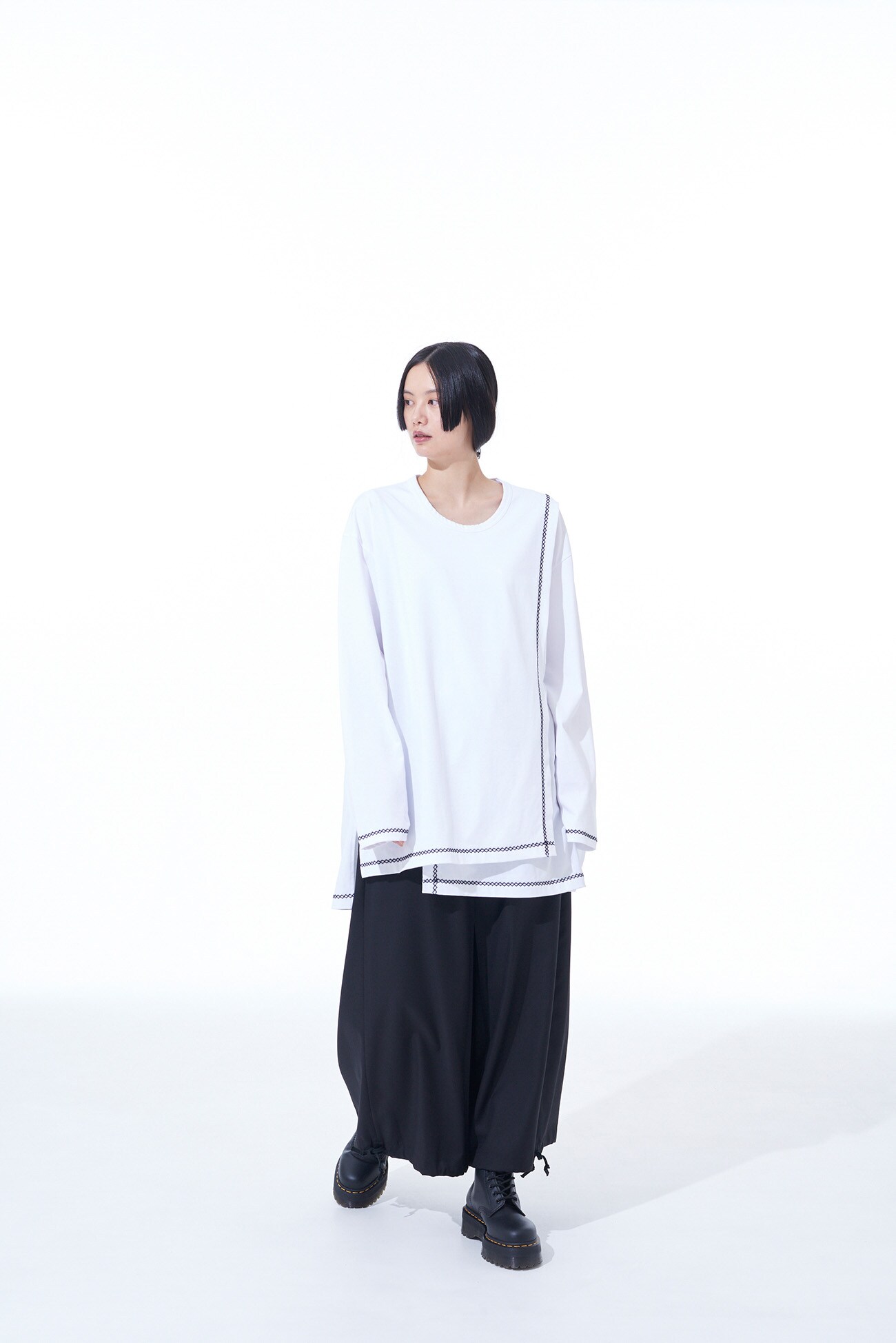 COTTON JERSEY LAYERED LONG SLEEVE T-SHIRT with GEOMETRIC STITCHES