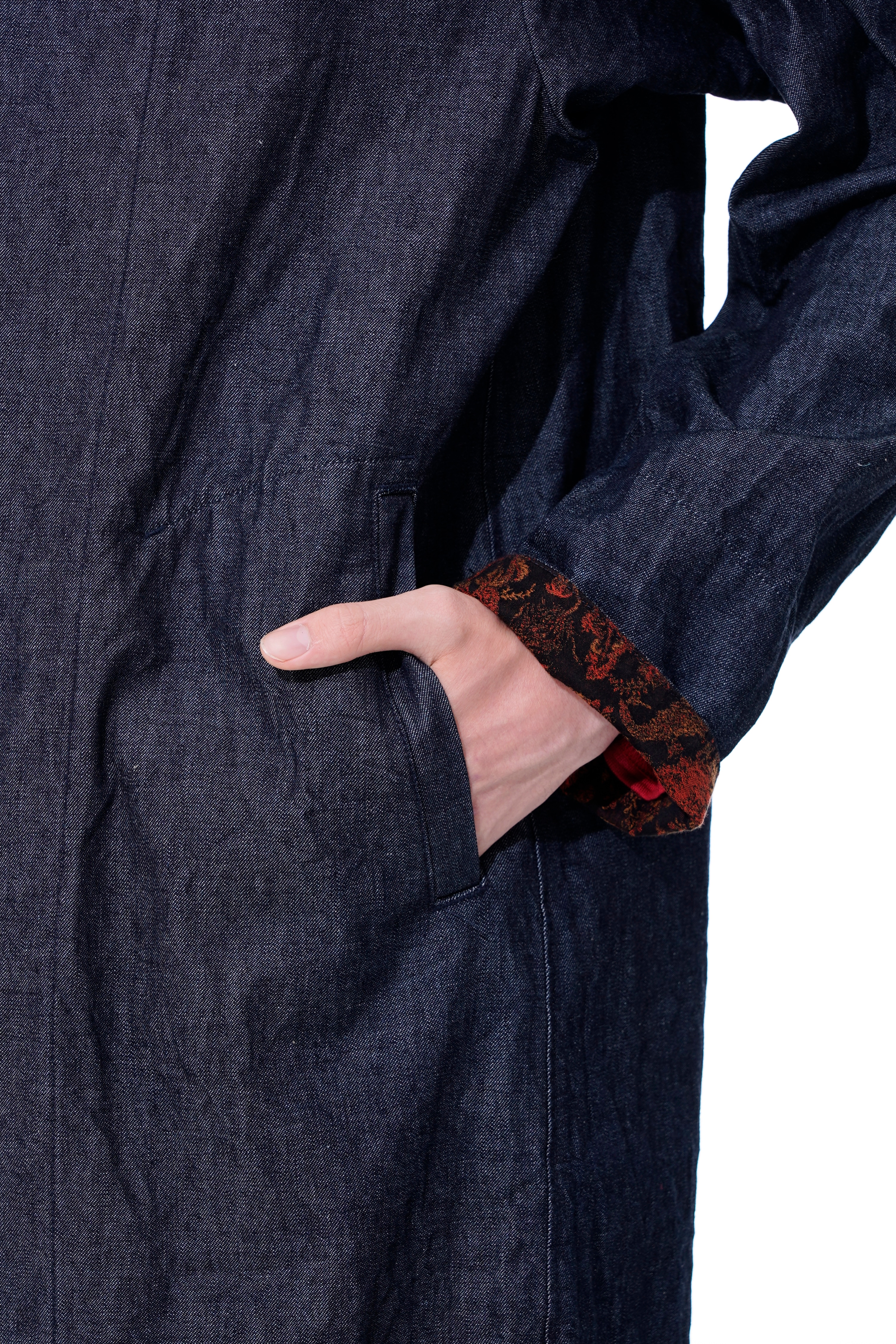 10oz Denim Ethnic Thorn Pattern Jacquard Stand Collar Coat