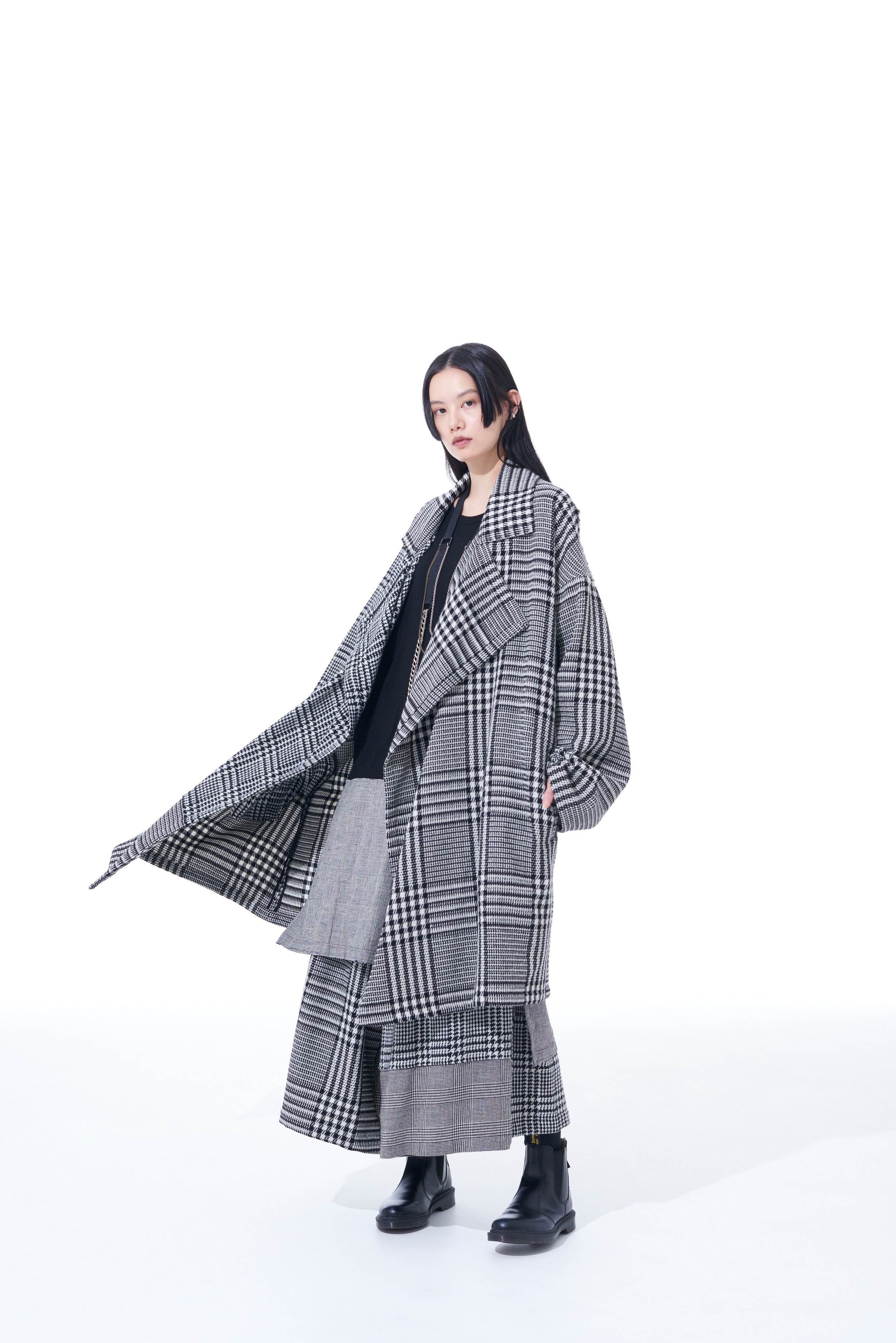CRAZY CHECK MULTI-MATERIAL SWITCHED DRAPED COAT