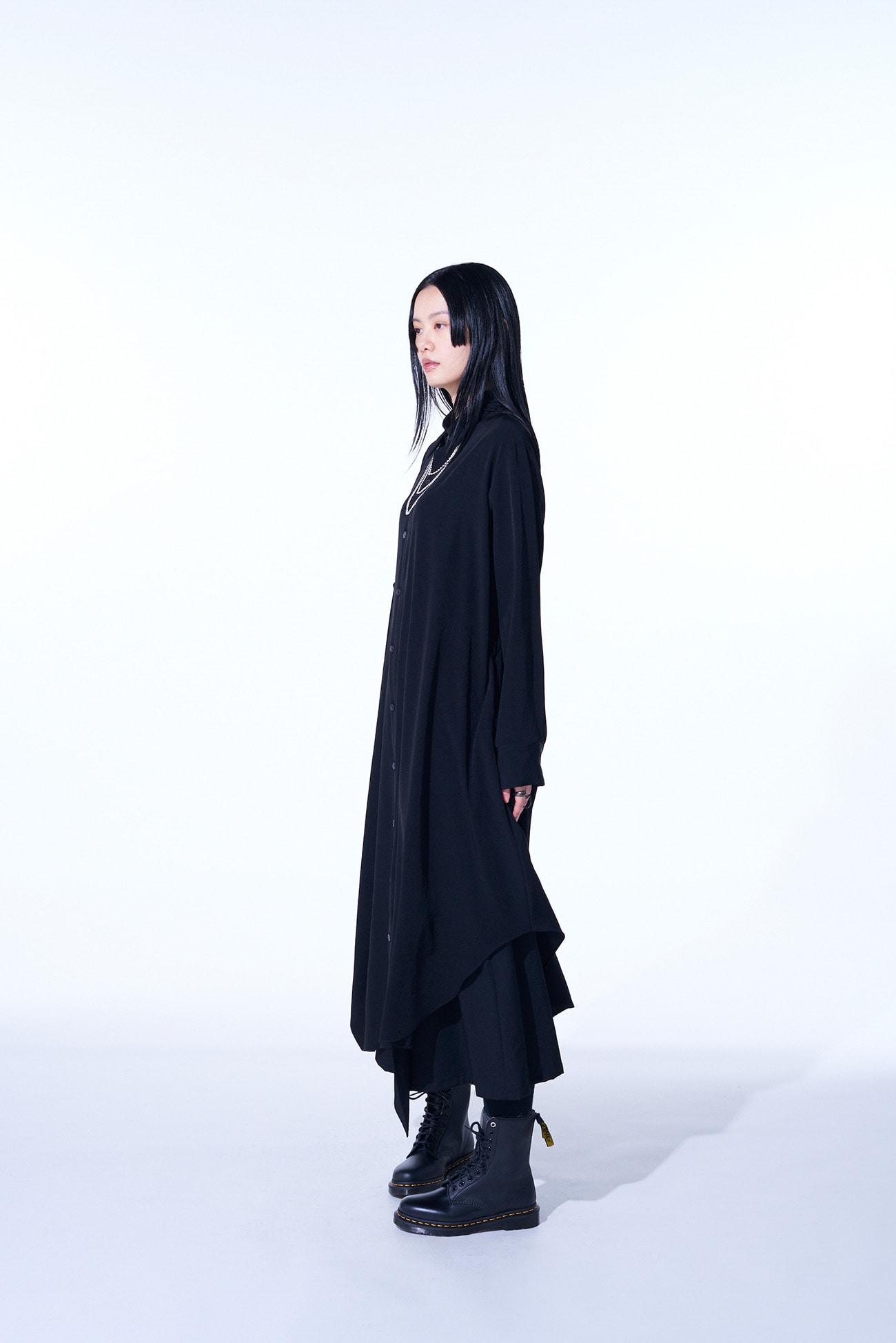 CREPE DE CHINE SHIRT DRESS WITH DOUBLE-TAILORED RIGHT FRONT