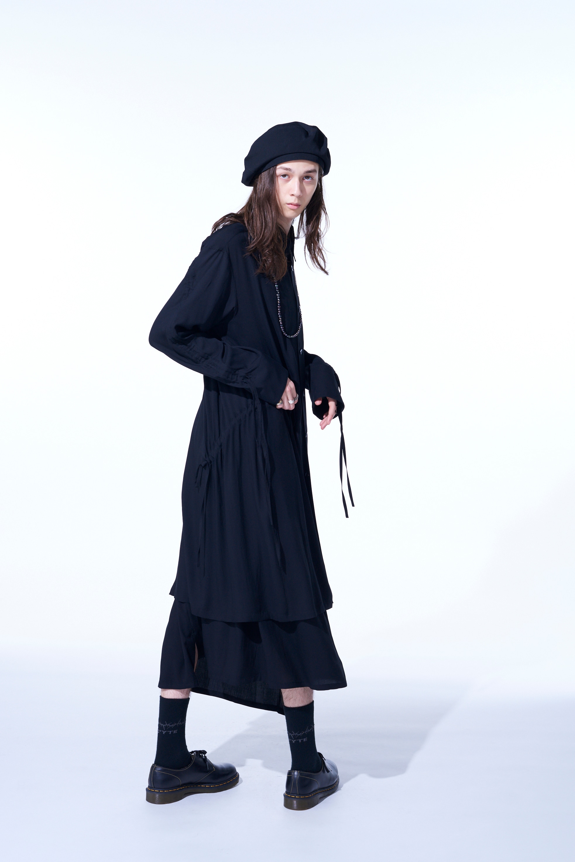 RAYON WASHER TWILL OVERSIZED LONG SHIRT WITH GATHERED STRINGS