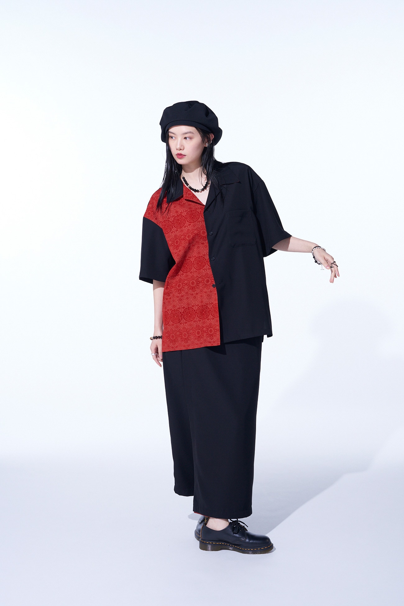 GABARDINE + MURAL LACE FADED FLOCKY LINEN CLOTH OPEN-COLLAR SHIRT