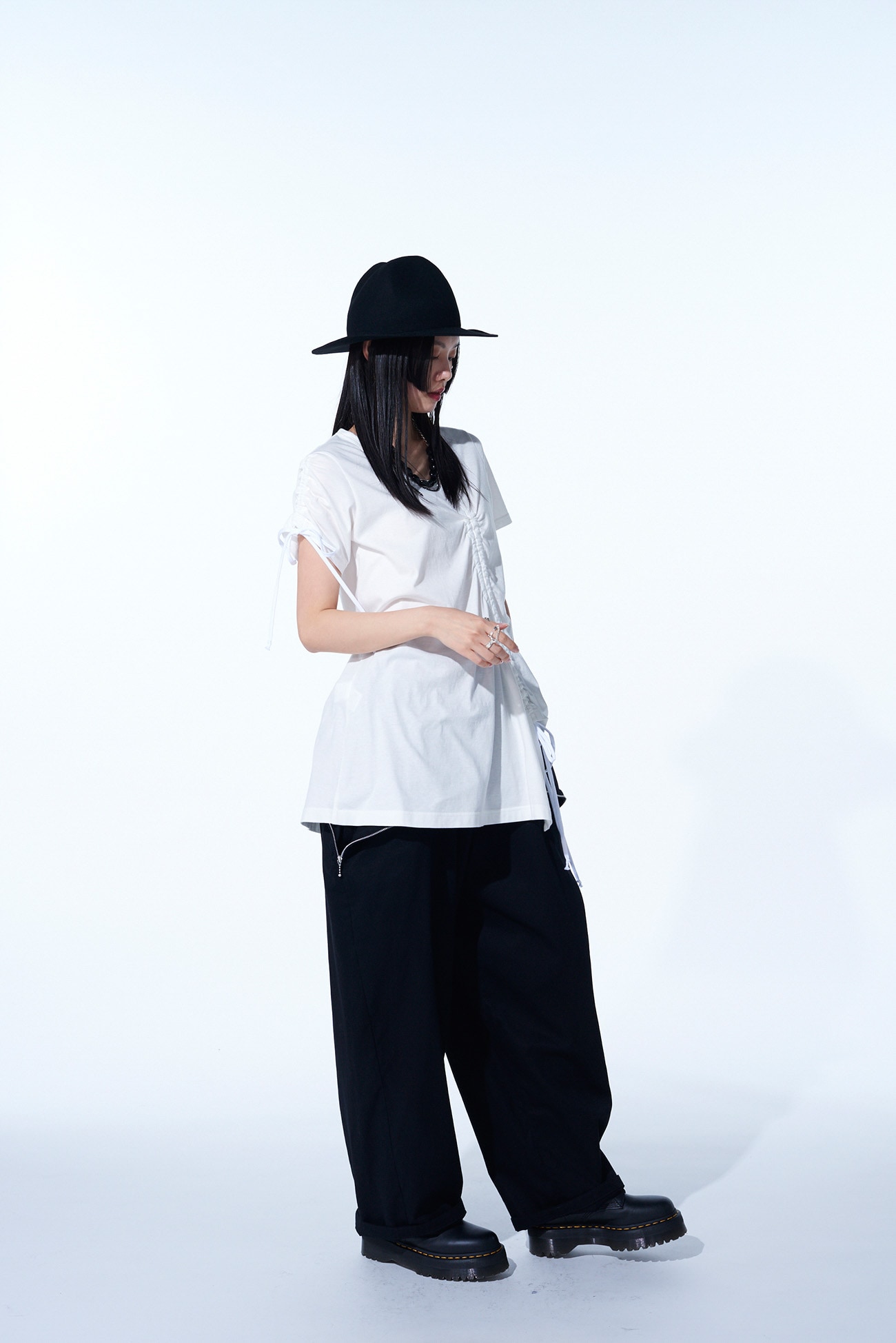 COTTON JERSEY ASYMMETRICAL T-SHIRT WITH GATHERED STRINGS
