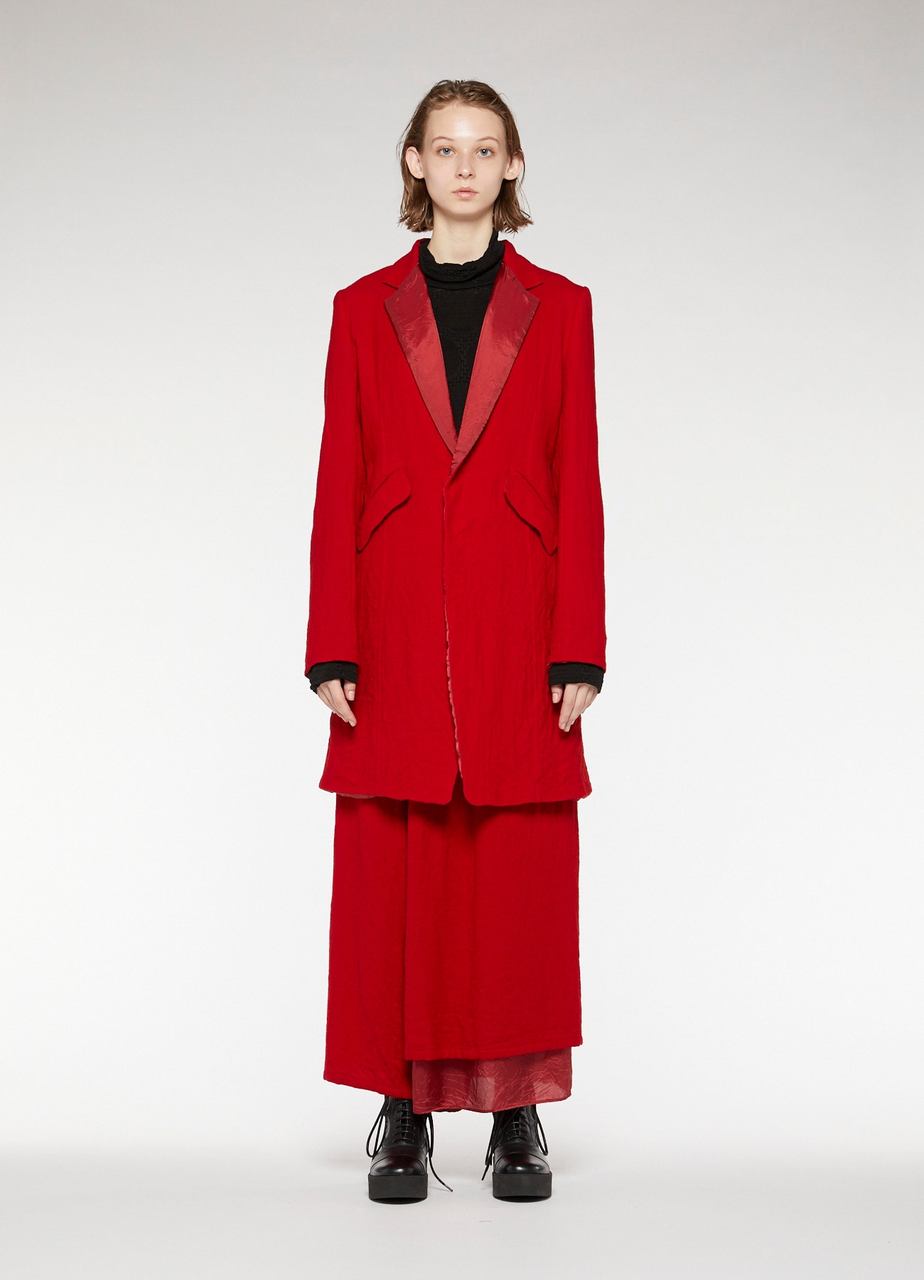 WOOL ROUGH TWILL GARMENT MILLING LONG TAILORED JACKET(XS Red