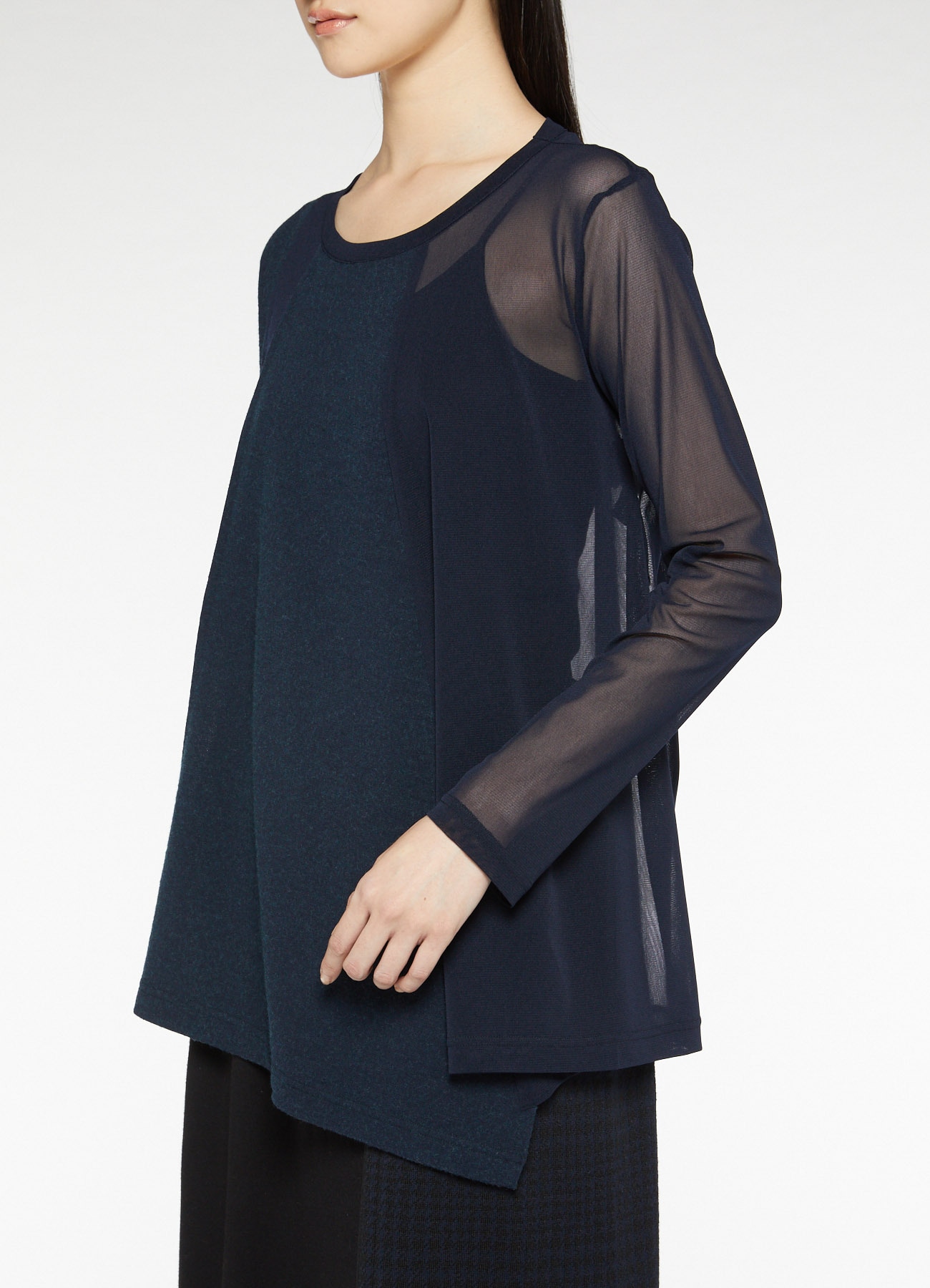 POLYESTER TULLE x WOOL NEEDLE PUNCH HEM FLARE LONG SLEEVE T-SHIRT