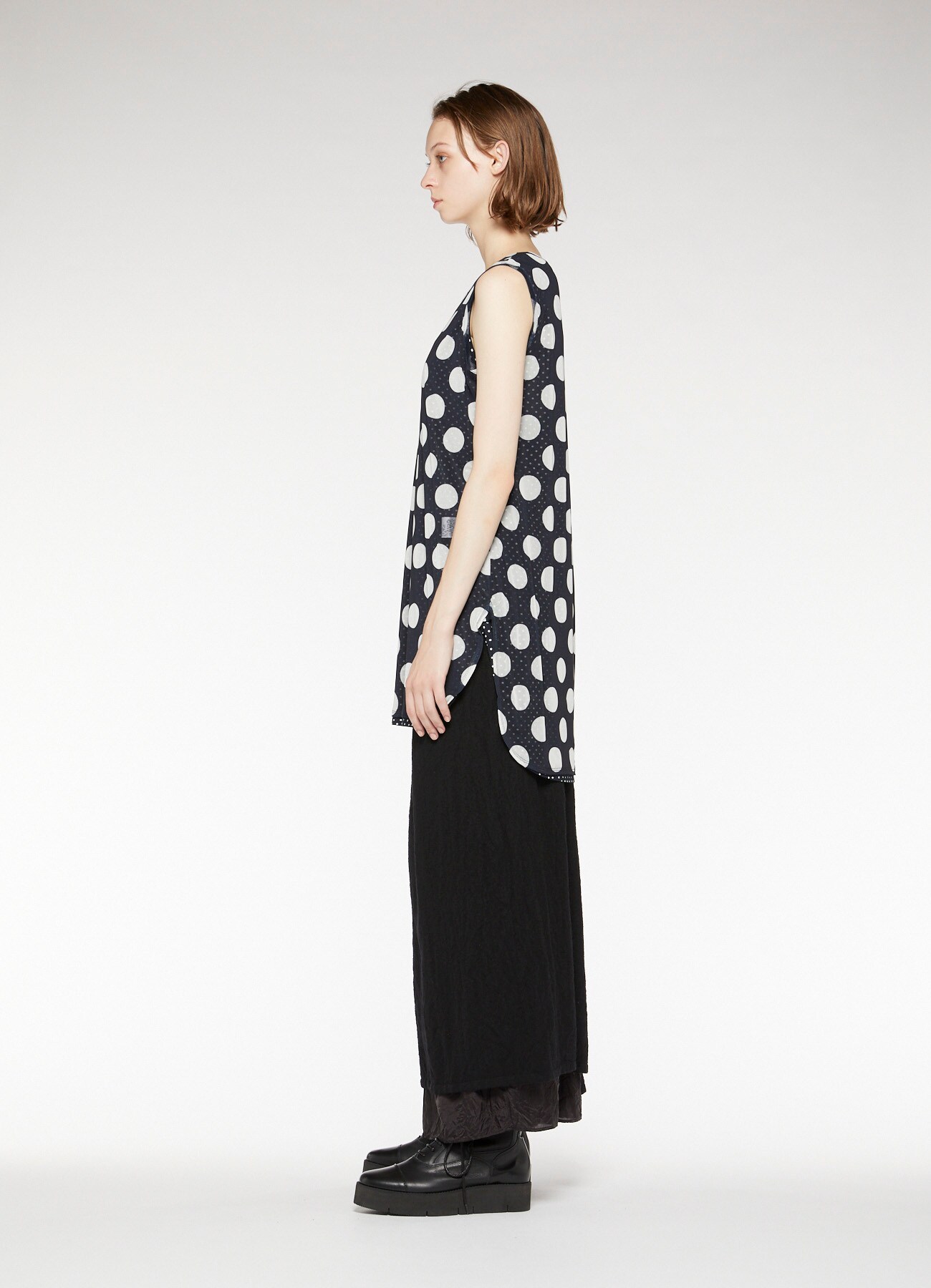 POLYESTER TULLE x COTTON DOT PRINT DOUBLE SLVLESS