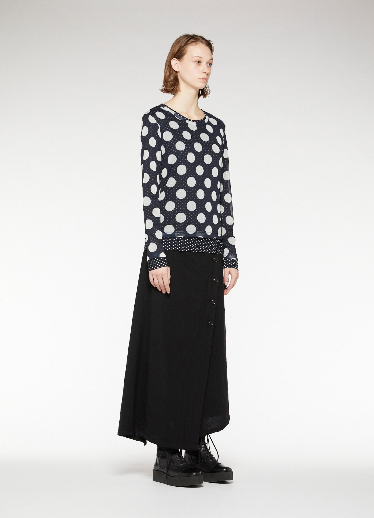 POLYESTER TULLE x COTTON DOT PRINT DOUBLE LONG SLEEVE T-SHIRT