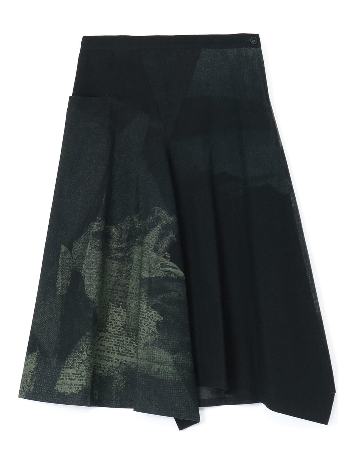 7.6OZ DENIM DICTIONARY PATTERN GREEN TRIANGLE GUSSET FLARE SKIRT