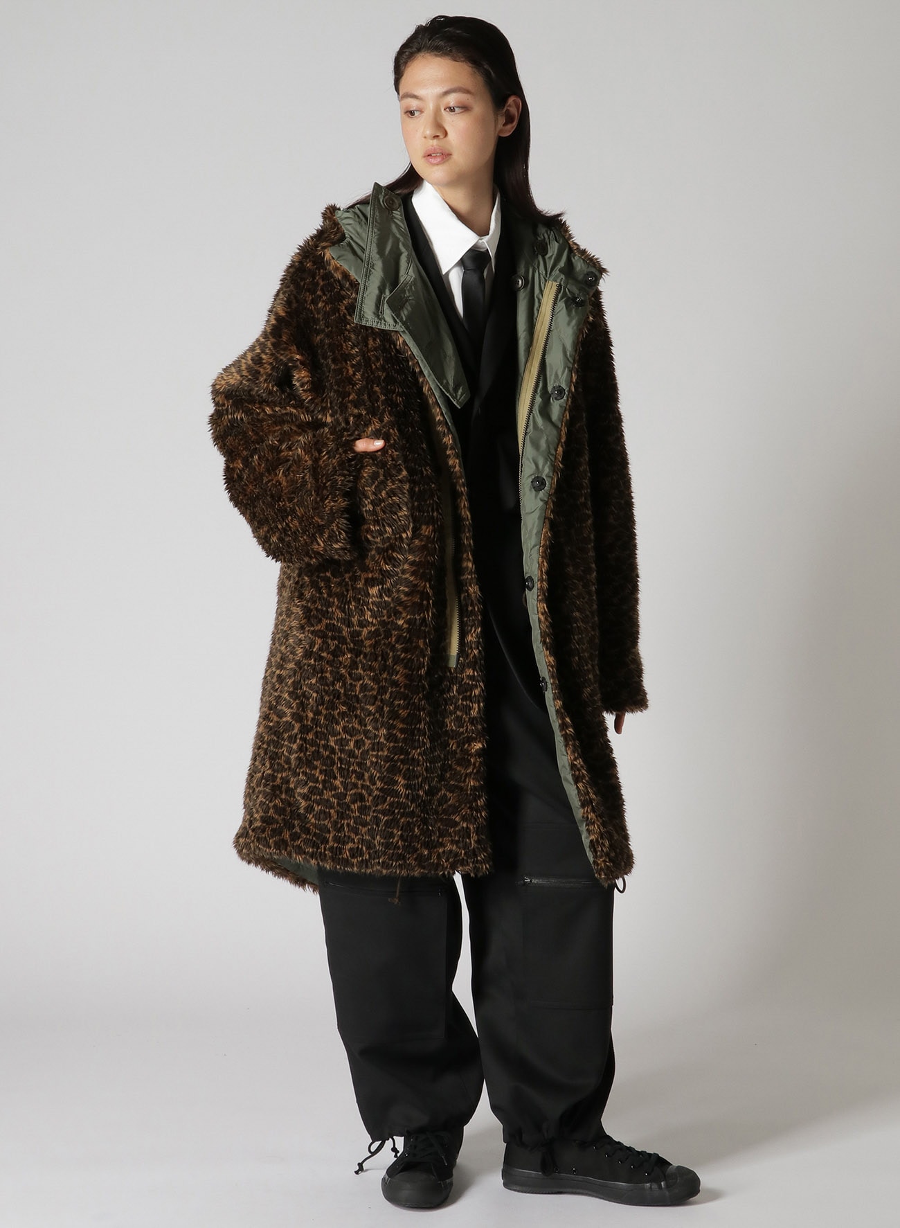Y's BANG ON!No.181 LEOPARD FUR MILITARY COAT(FREE SIZE Kahki 