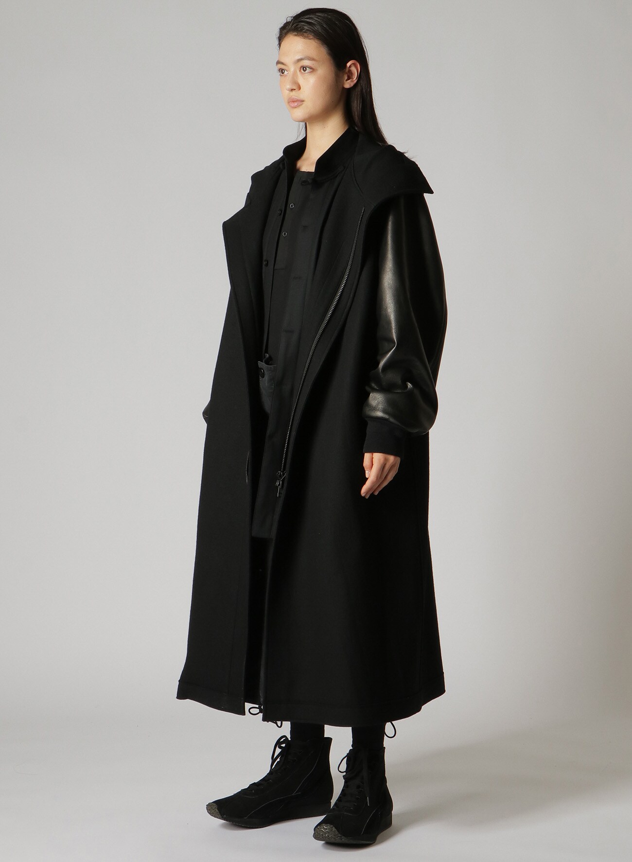 Y's BANG ON!No.185 WOOL MELTON SMOOTH + COW LEATHER 2-STEP RIB HOODED COAT