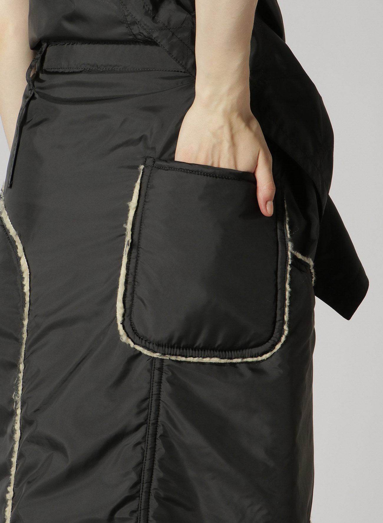 Y's BANG ON!No.175 POLYESTER TAFFETA + WOOL PILE PATCHED WRAP SKIRT