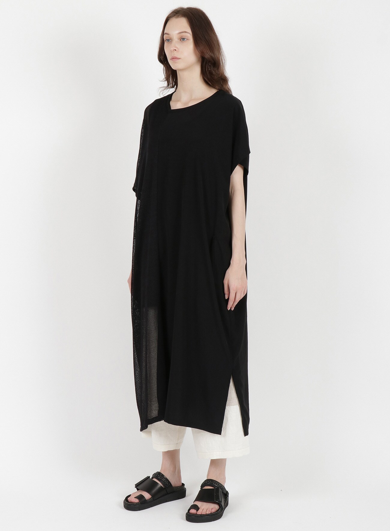 COTTON FAUX LINEN KNIT x TRIACETATE POLYESTER de CHINE RIGHT LAYERED FRENCH DRESS