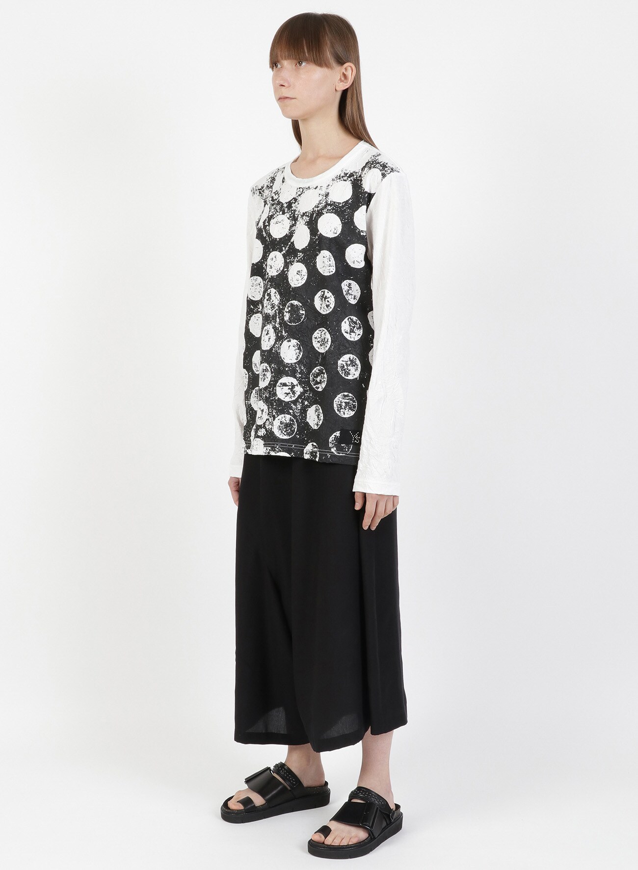 COTTON POLYESTER WRINKLE DOT PRINT Y's STITCH LONG SLEEVE T