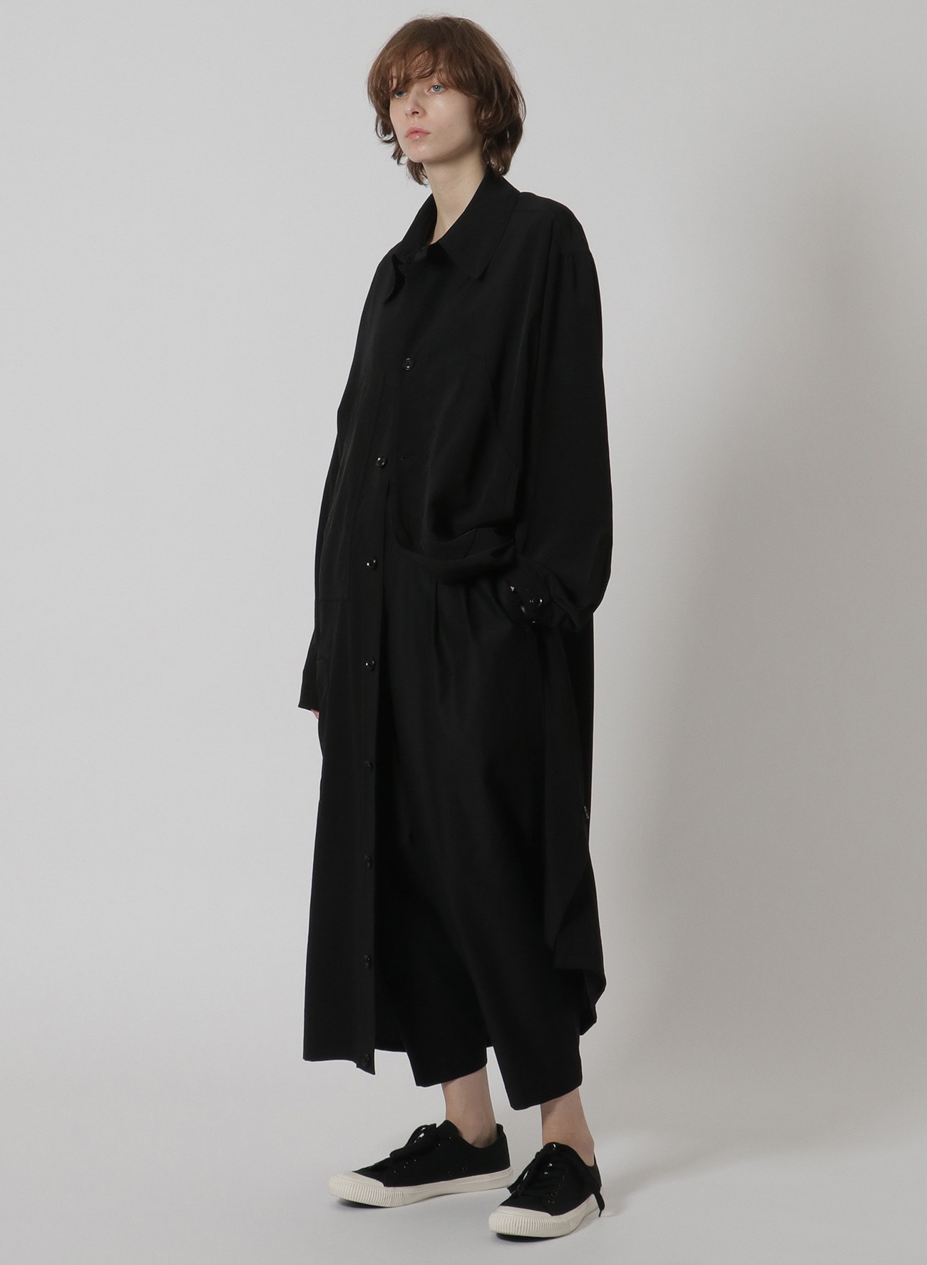 [Y's-Black Name]TRIACETATE POLYESTER CREPE de CHINE SIDE VENT WORK SHIRT COAT