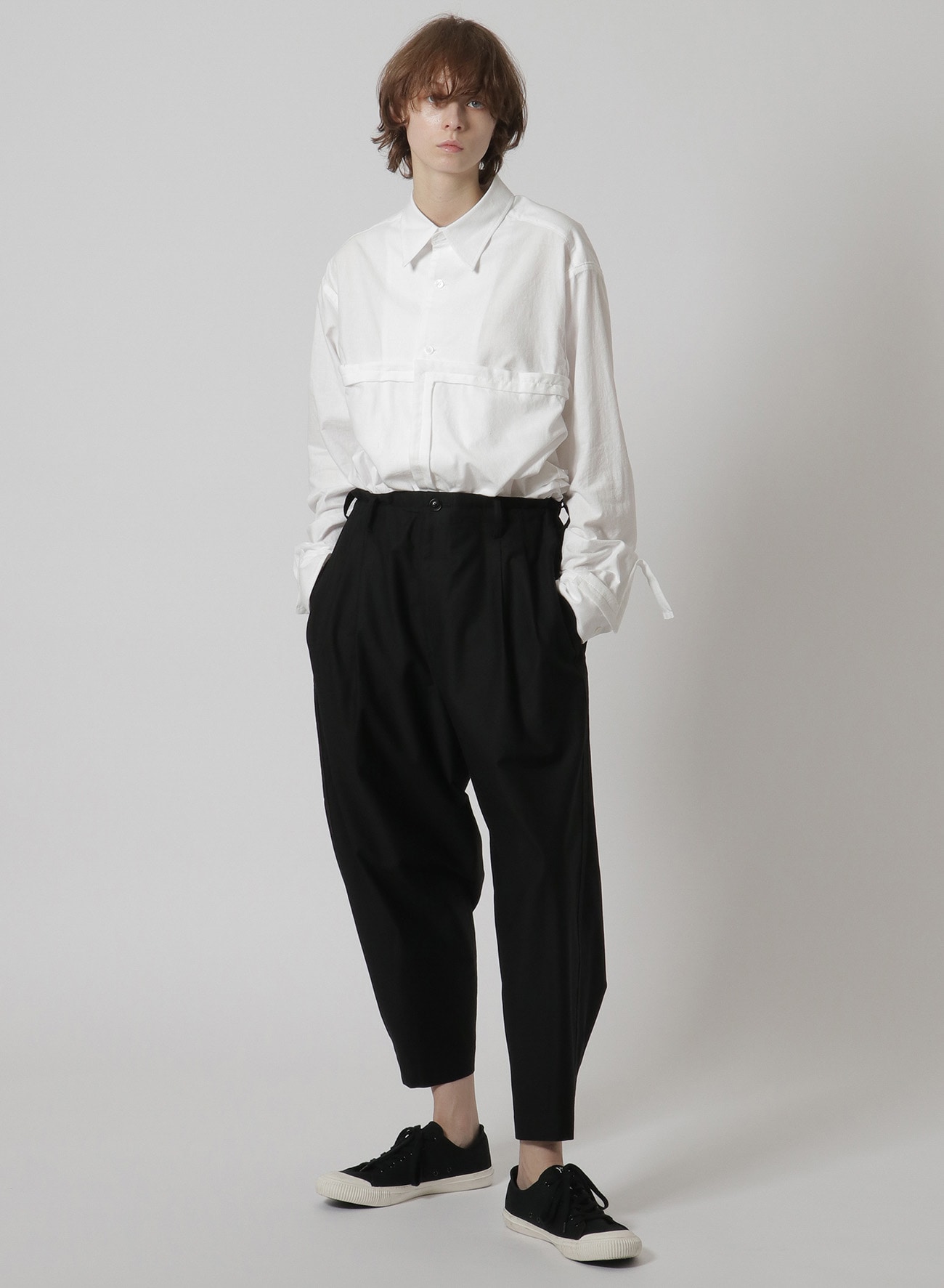 [Y's-Black Name] BLACK TWILL DOUBLE PLEATED PANTS WITH HEM TABS