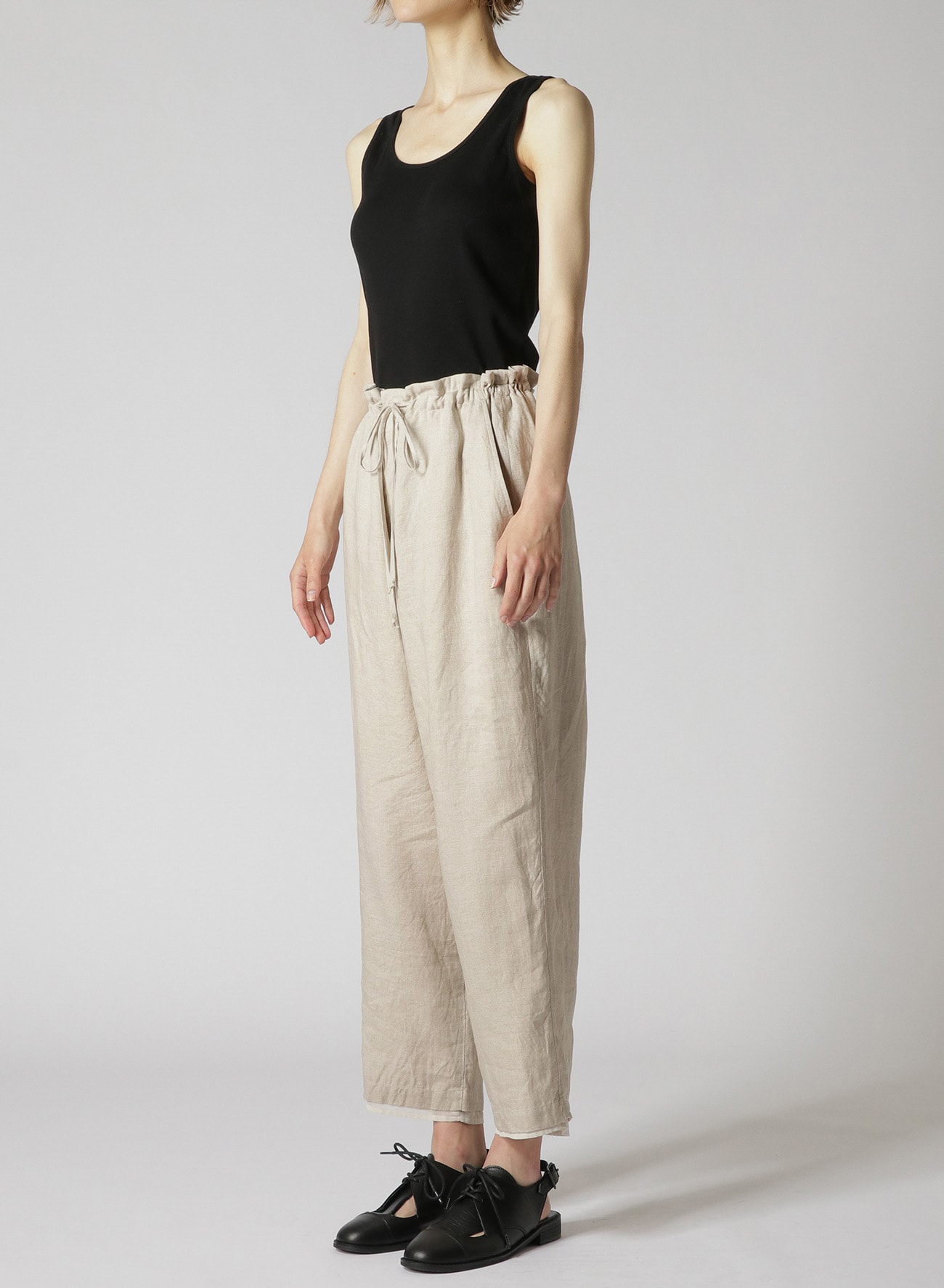 LINEN + POLYESTER/COTTON TAPERED WIDE LEG DRAWSTRING PANTS