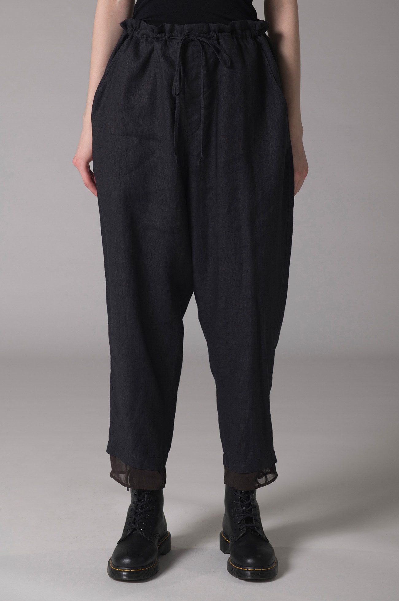 LINEN + POLYESTER/COTTON TAPERED WIDE LEG DRAWSTRING PANTS	