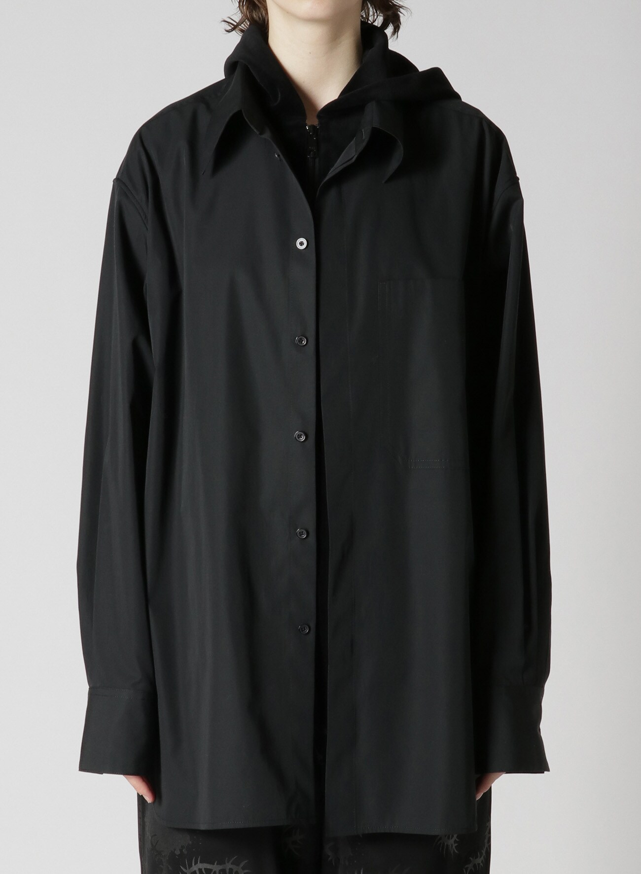 SUPIMA COTTON DOUBLE LAYERED SHIRT/HOODIE HYBRID(M Black): Y's