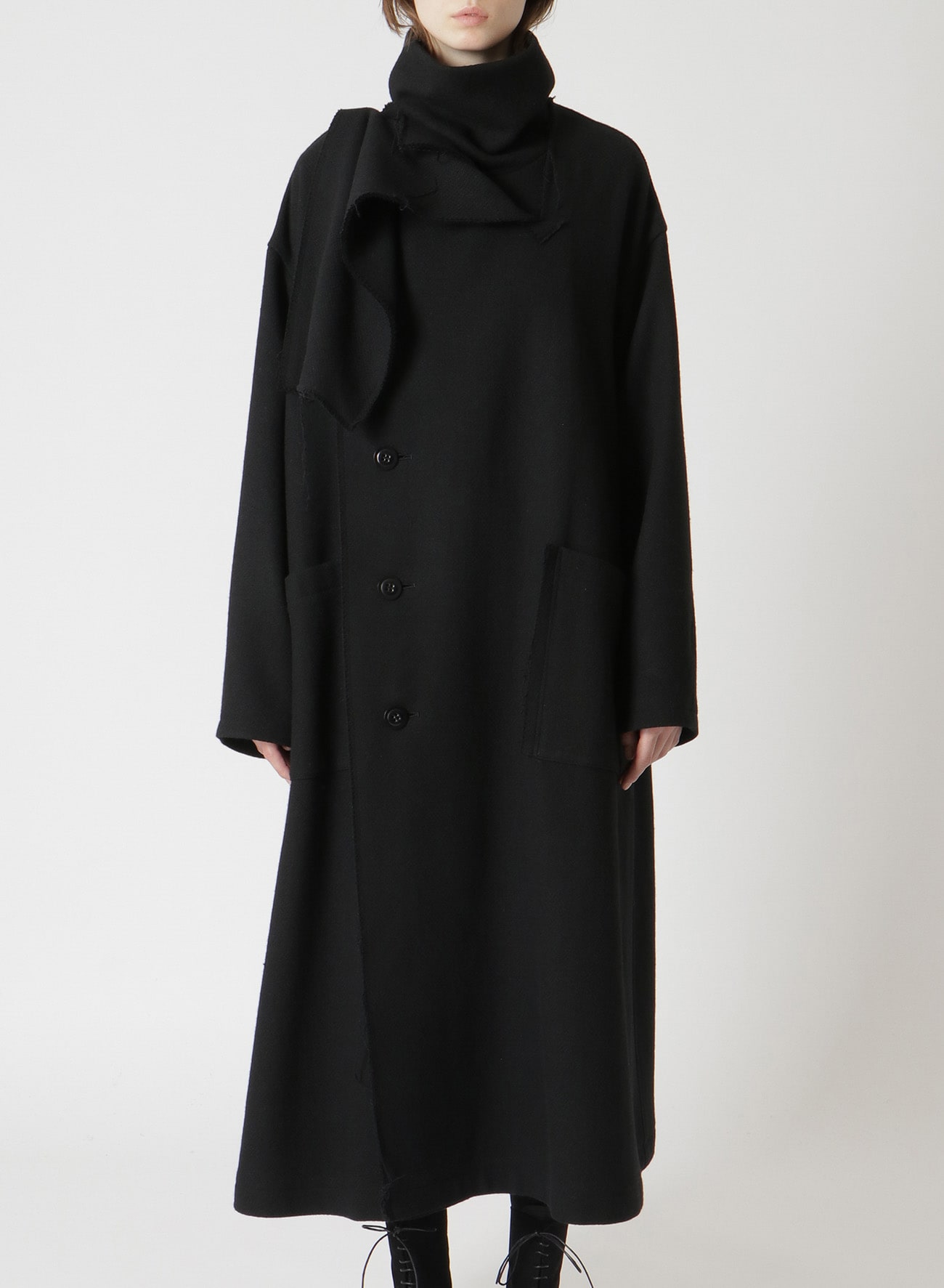 WOOL BLEND MELTON FOLD-OVER COLLAR COAT(XS Black): Y's｜THE SHOP