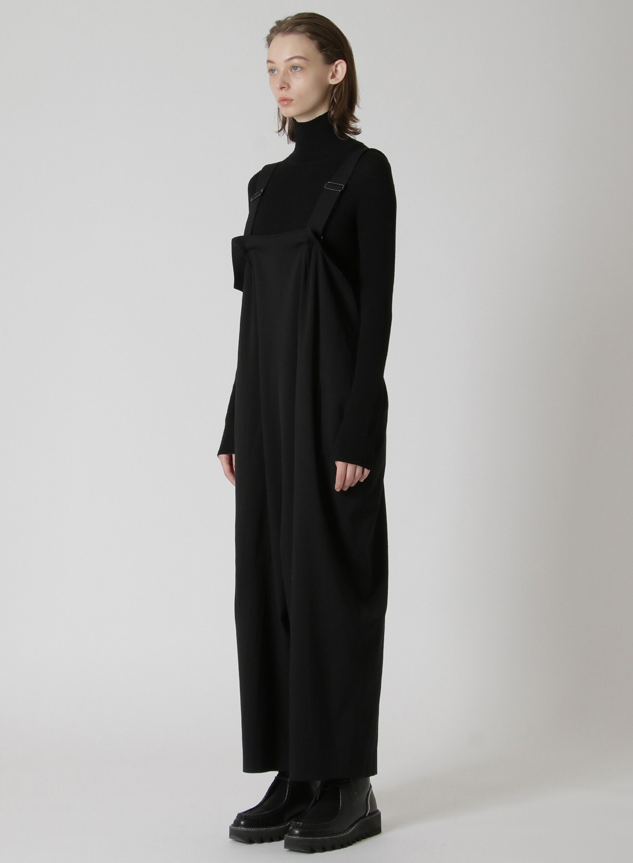 WRINKLED WOOL/RAYON TWILL SALOPETTES(XS Black): Y's｜THE SHOP