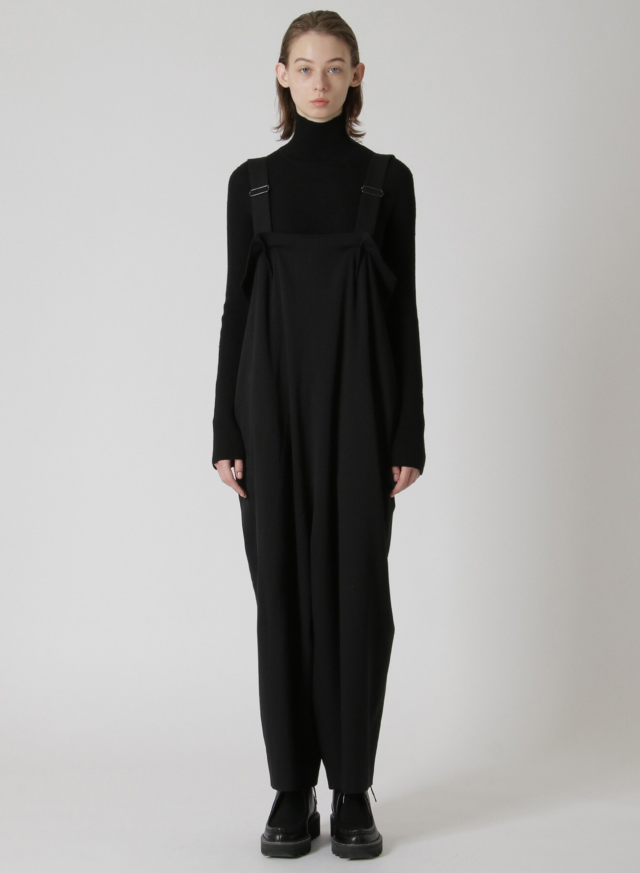 WRINKLED WOOL/RAYON TWILL SALOPETTES(XS Black): Y's｜THE SHOP