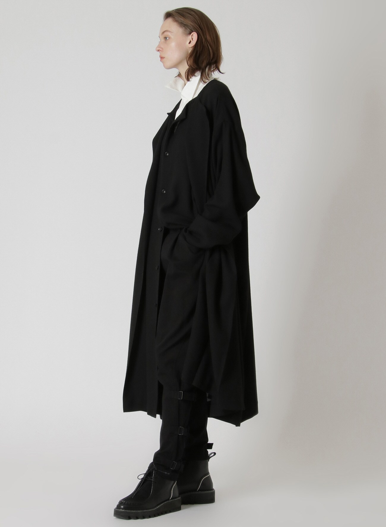 WASH-TREATED WOOL/RAYON COLLARLESS SHIRT DRESS