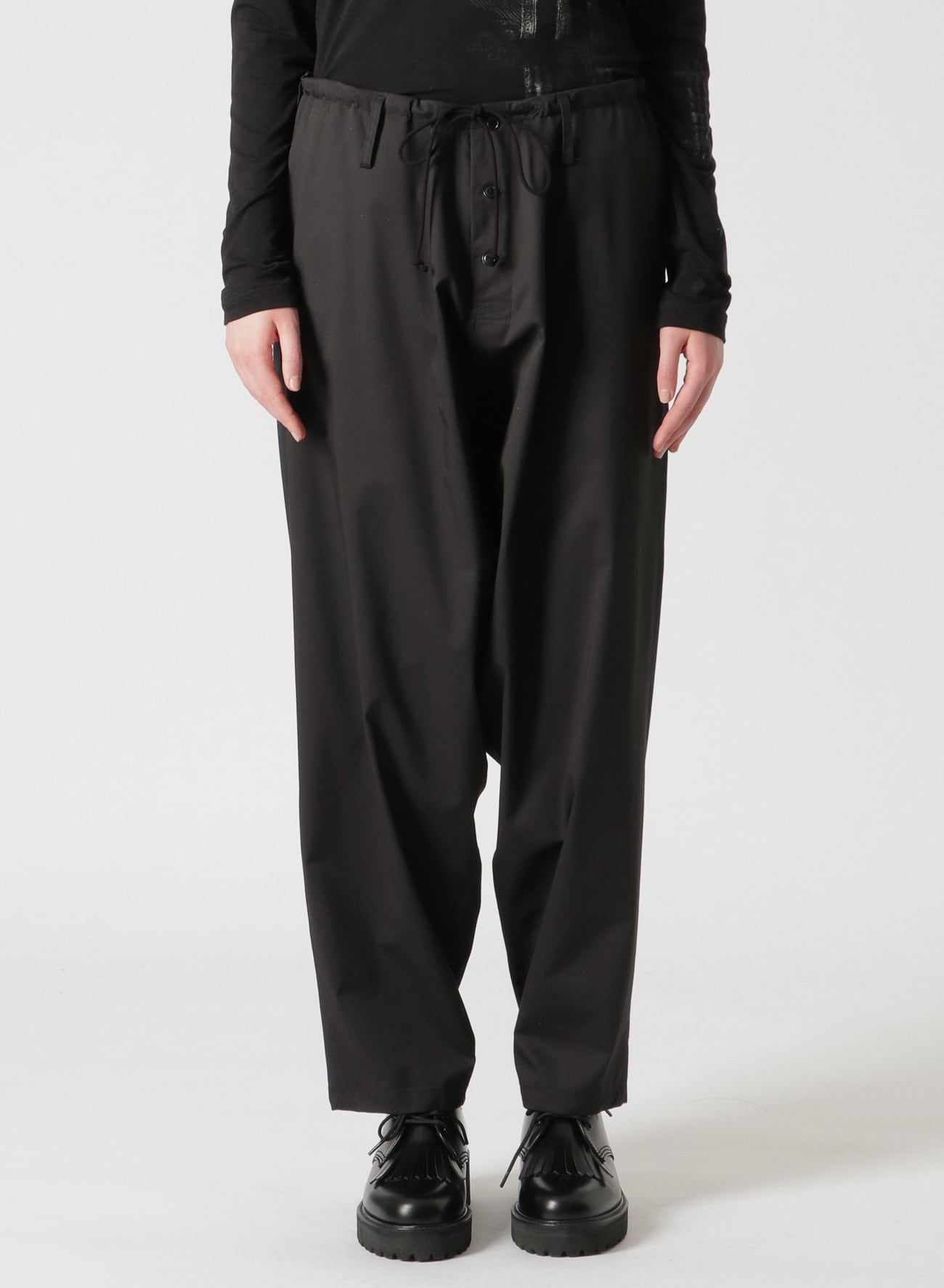 STRETCHY POLYESTER/RAYON TWILL DRAWSTRING PANTS(S Black): Y's｜THE