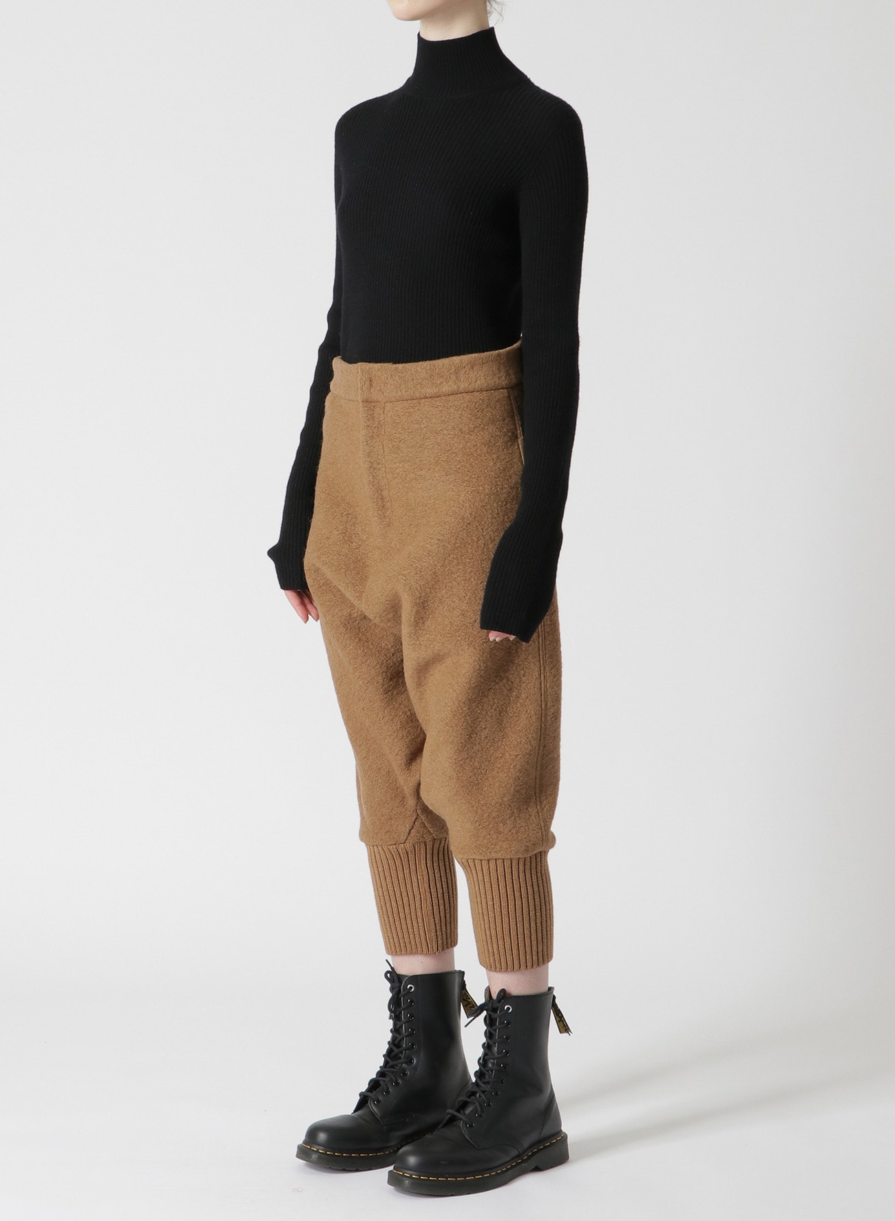 SHETLAND WOOL/POLYESTER DROP CROTCH PANTS WITH RIBBED HEMS(S Camel