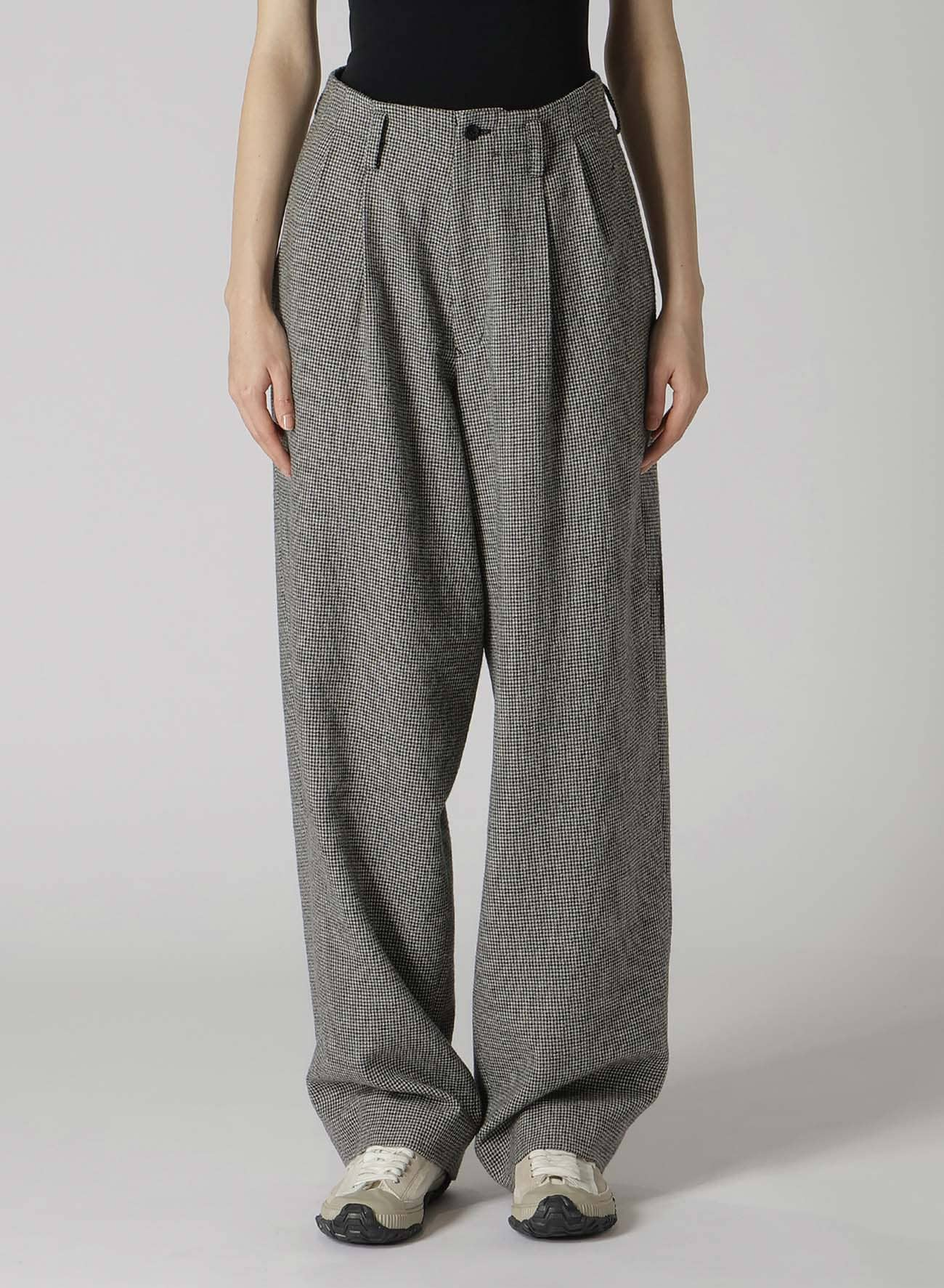 WOOL FLANNEL HOUNDSTOOTH FEMALE PT DOUBLE TUCK WIDE PANTS