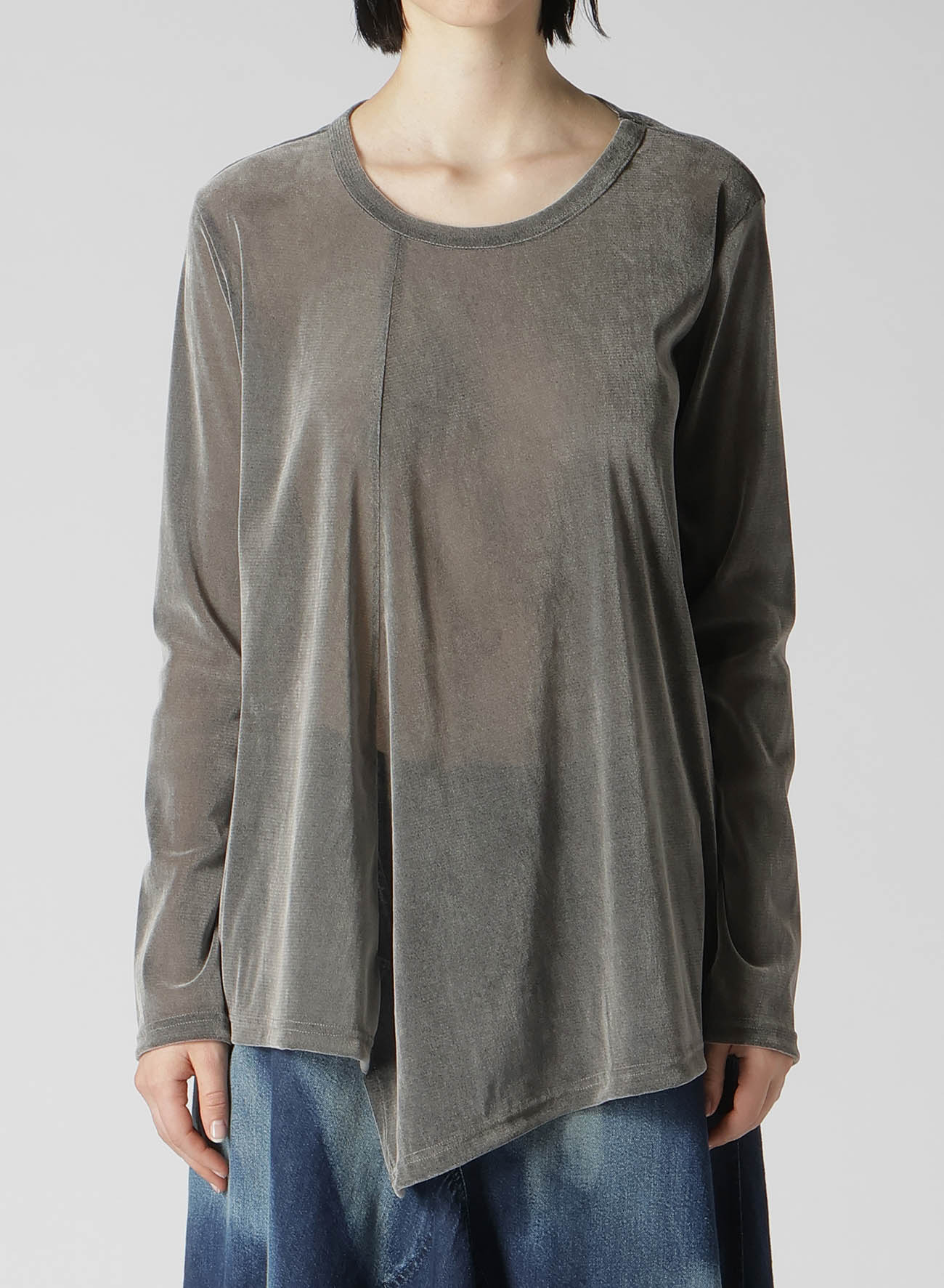 NYLON TULLE FLOCKING ROUND NECK FLARE LONG SLEEVE T